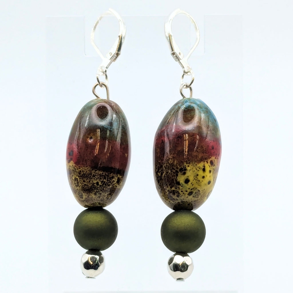 Green and Yellow Ceramic Dangle Earrings image 1