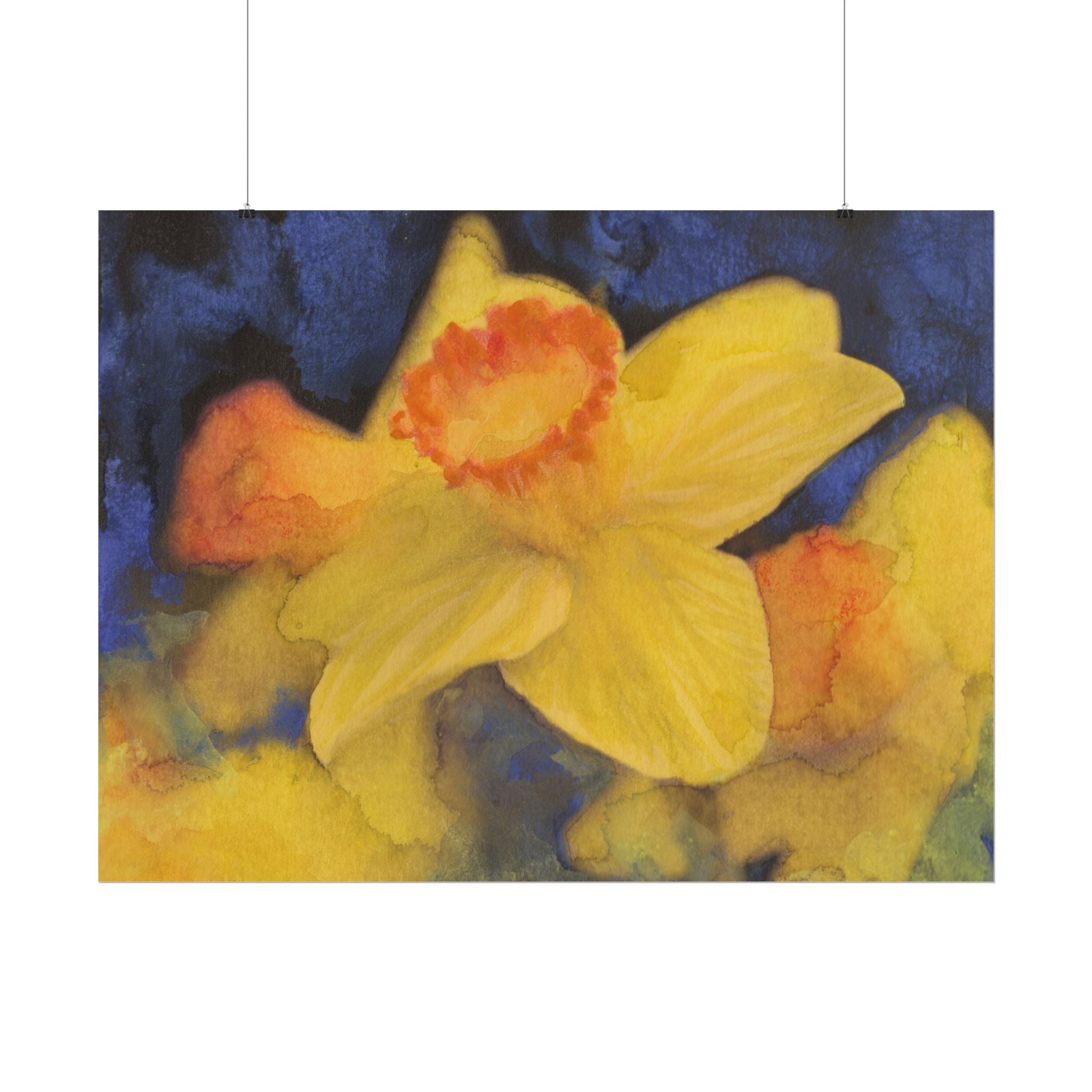 Yellow Daffodil Watercolor Art Print, Blue Floral Wall Art, Abstract Botanical Flower Poster, Cobalt Blue & Yellow Artwork, Fine Art Decor
