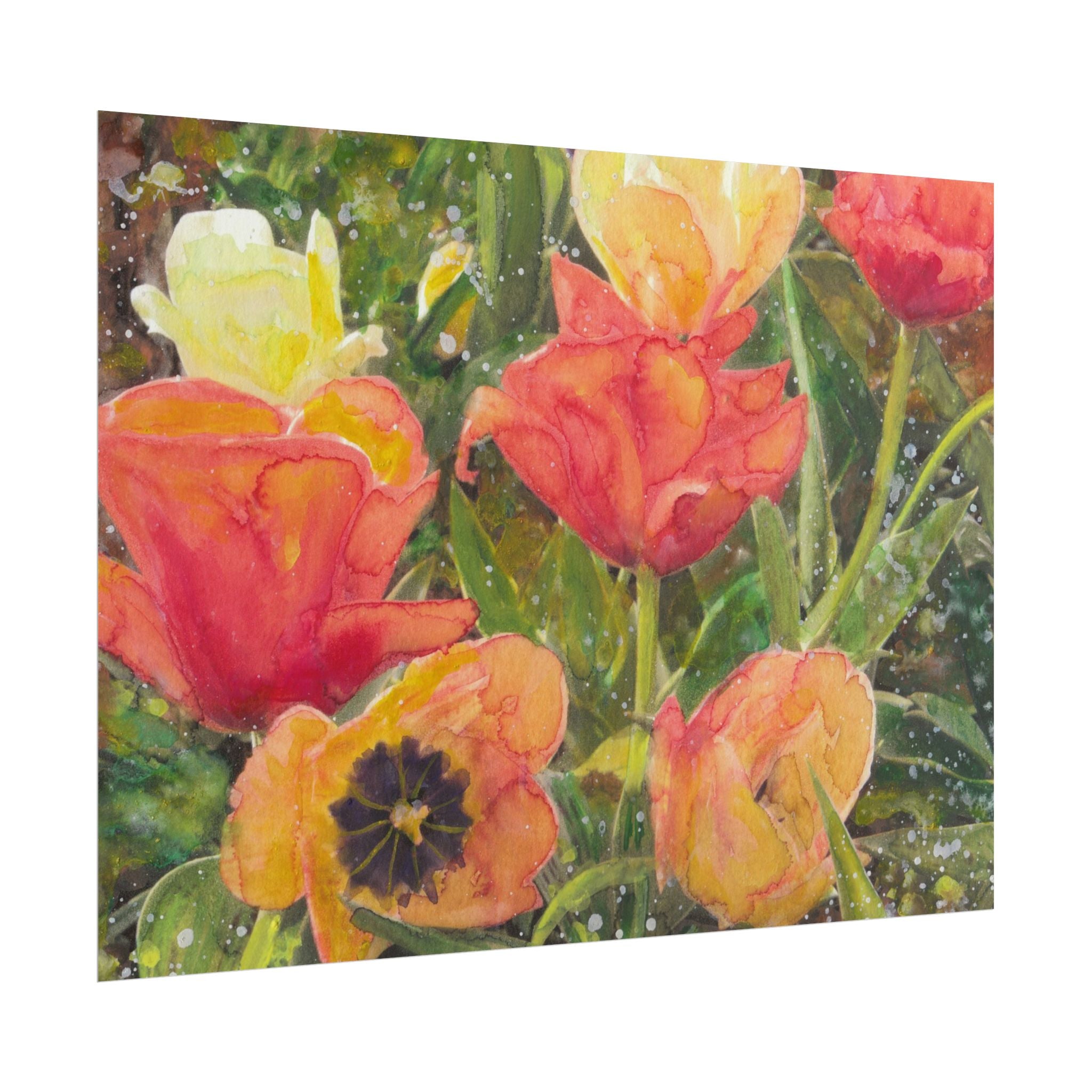 Poppy Field Watercolor Art Print, Red Orange & Yellow Flowers in Snow, Spring Floral Wall Art, Colorful Nature Landscape Poster