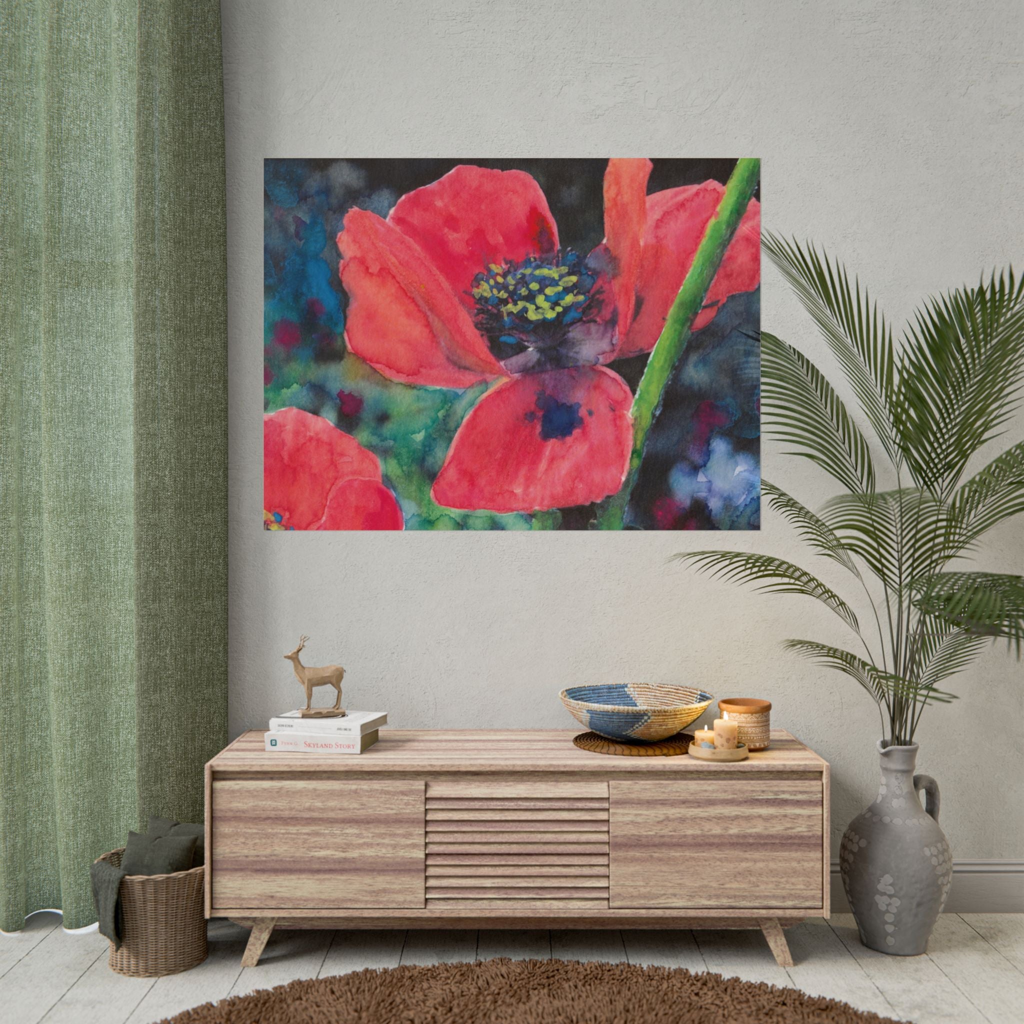 Red Poppy Flower Watercolor Poster, Red Poppy Wall Art, Floral Fine Art Print, Botanical Flower Decor, Dramatic Red Flower Artwork