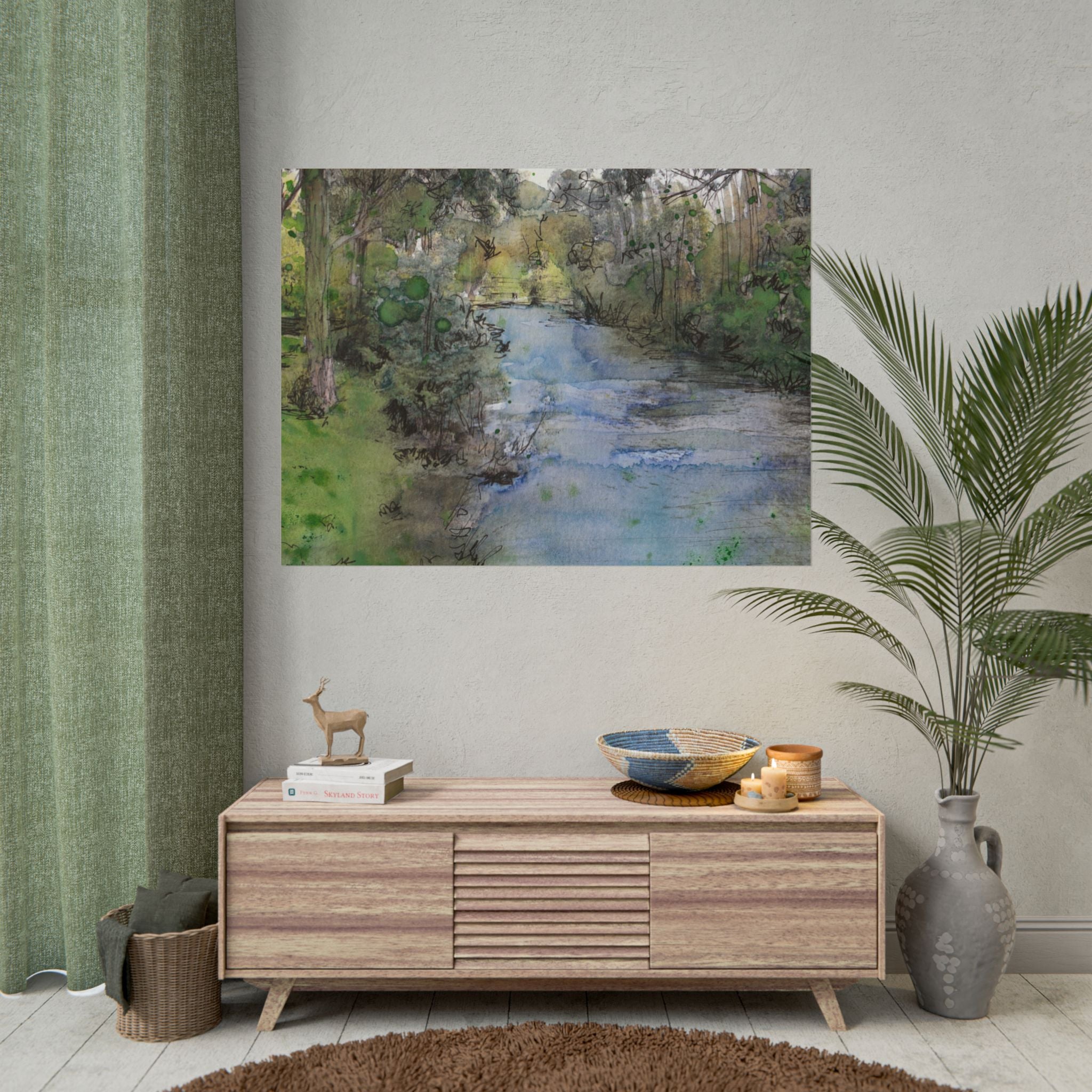 Abstract River Landscape Wall Art, Watercolor Forest River Poster, Contemporary Nature Art Print, Woodland Landscape Wall Decor