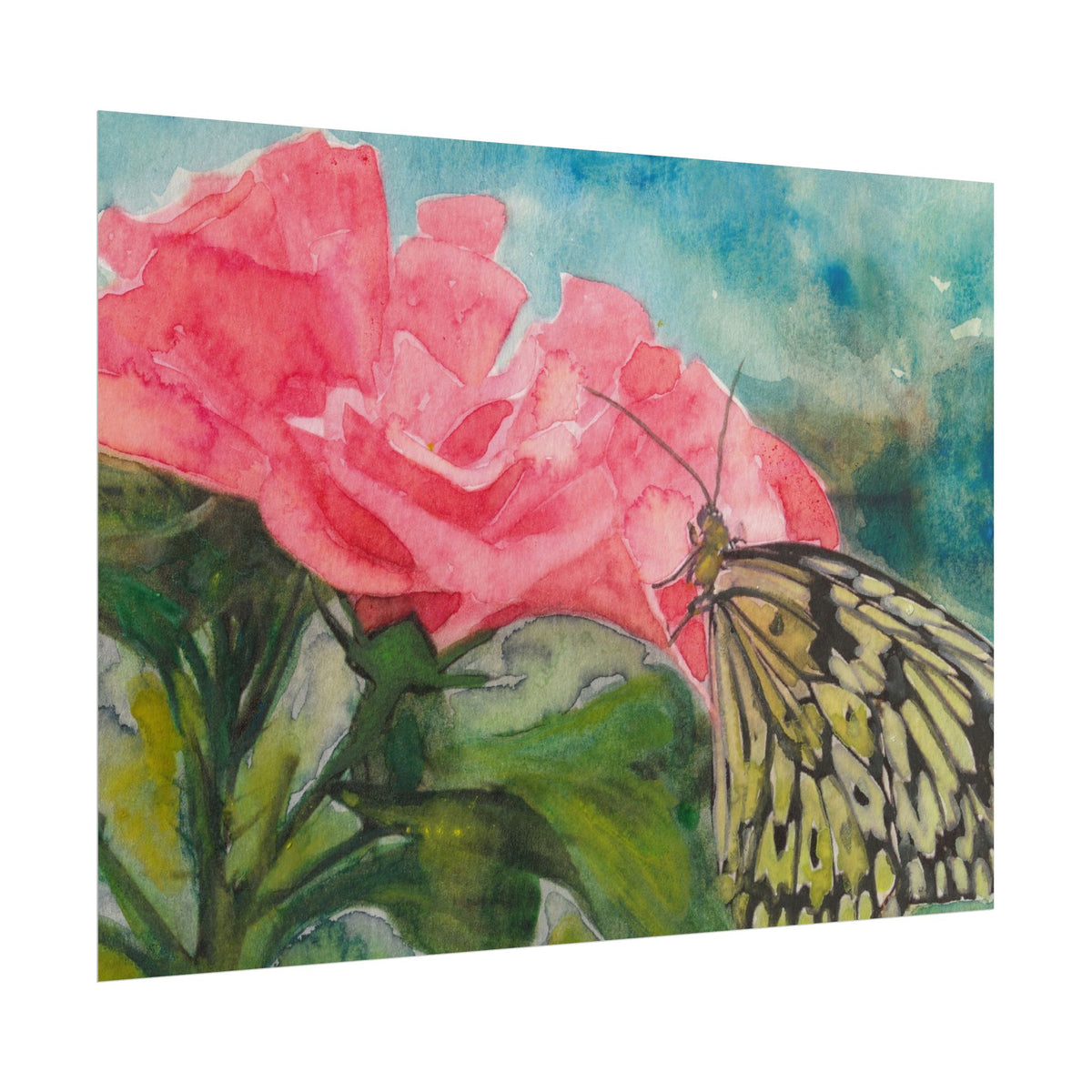 Butterfly on Pink Rose Wall Art, Watercolor Floral Poster, Butterfly Art Print, Pink Rose Garden Decor, Botanical Nature Artwork
