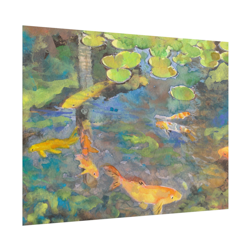 Koi Fish Pond Watercolor Art Print, Orange Koi & Lily Pad Wall Art, Japanese Inspired Fish Poster, Blue Green Nature Artwork