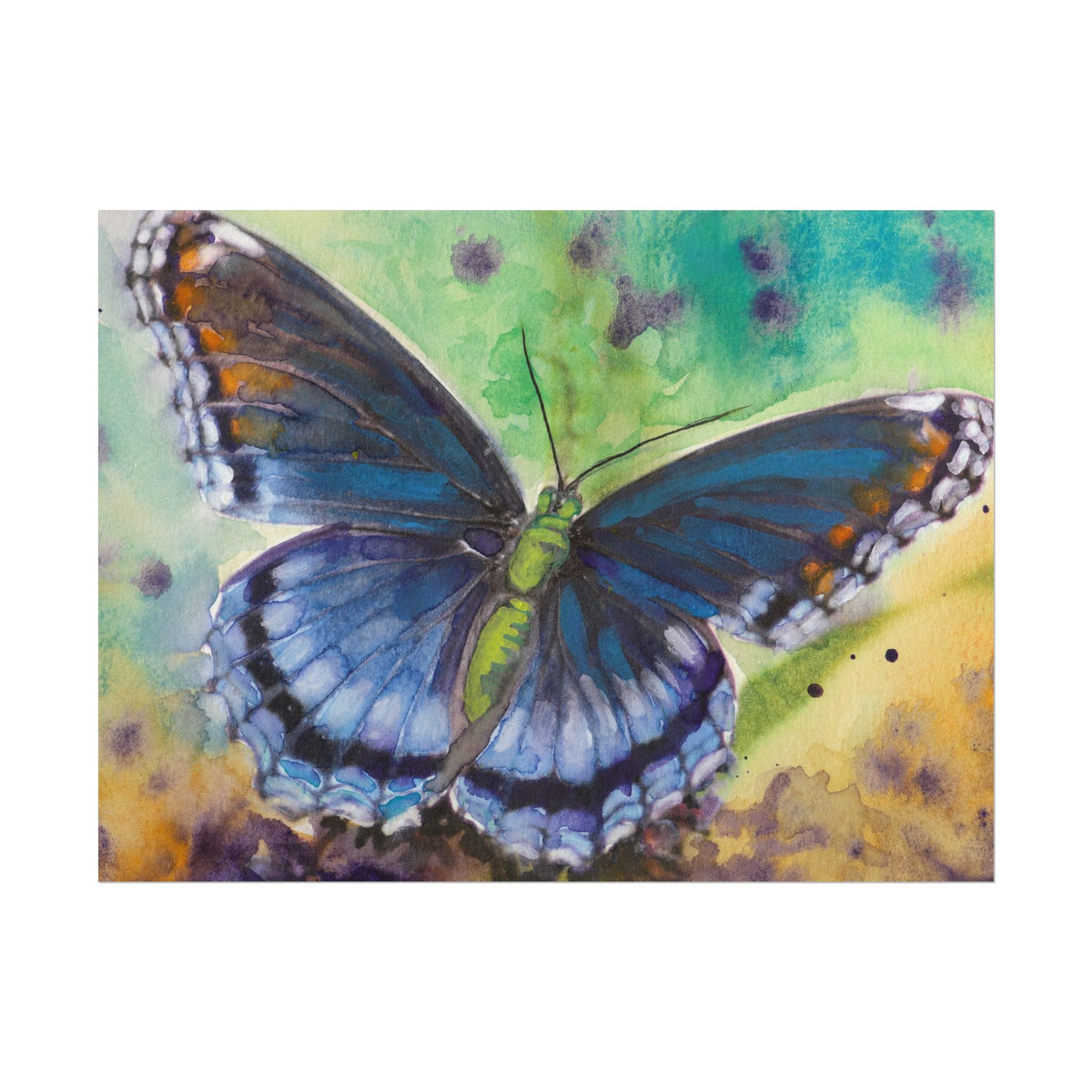 Blue Butterfly Wall Art, Watercolor Butterfly Poster, Blue Butterfly Art Print, Botanical Nature Wall Decor, Colorful Garden Artwork