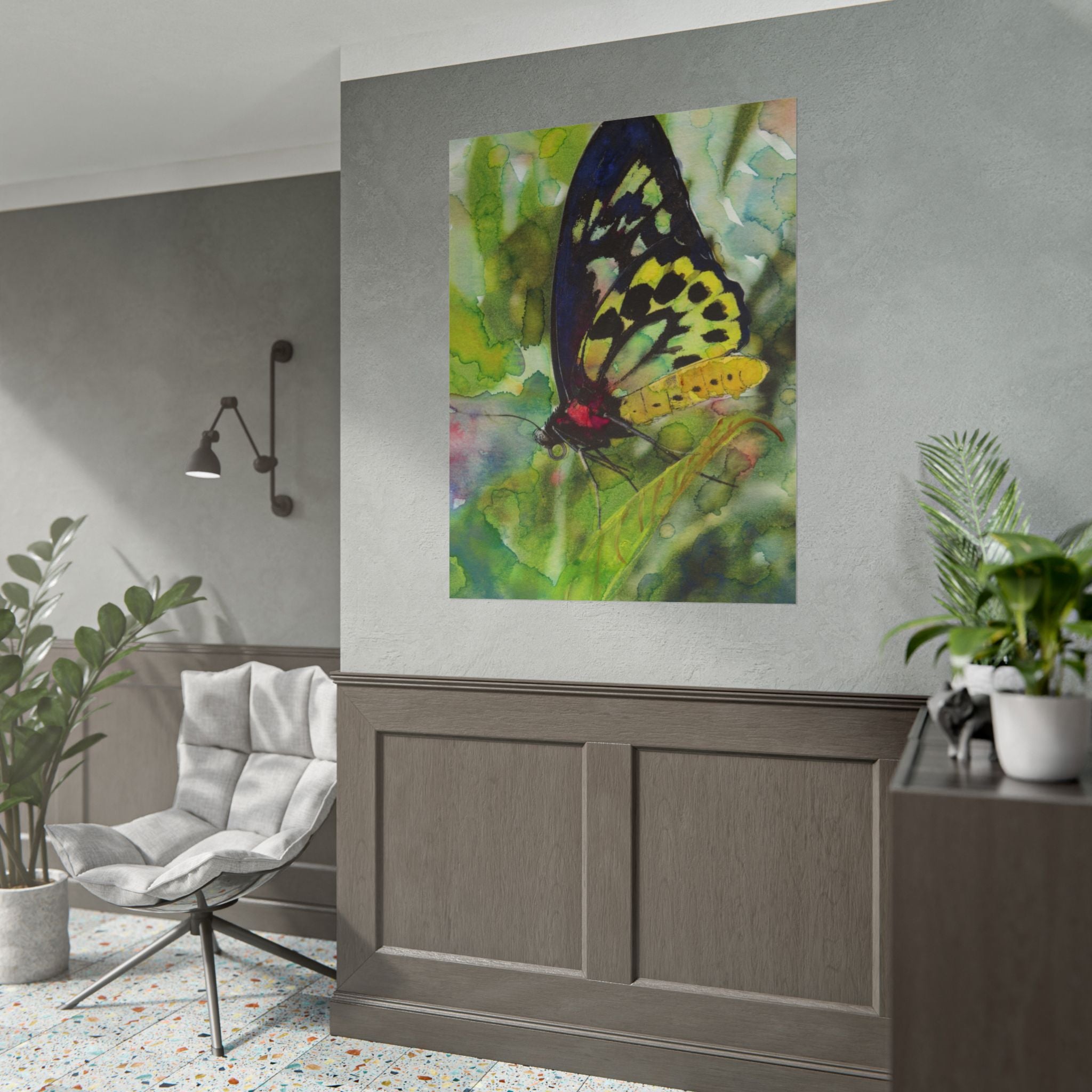 Butterfly Watercolor Wall Art, Colorful Butterfly Poster, Botanical Nature Art Print, Green Garden Wall Decor, Cottagecore Artwork