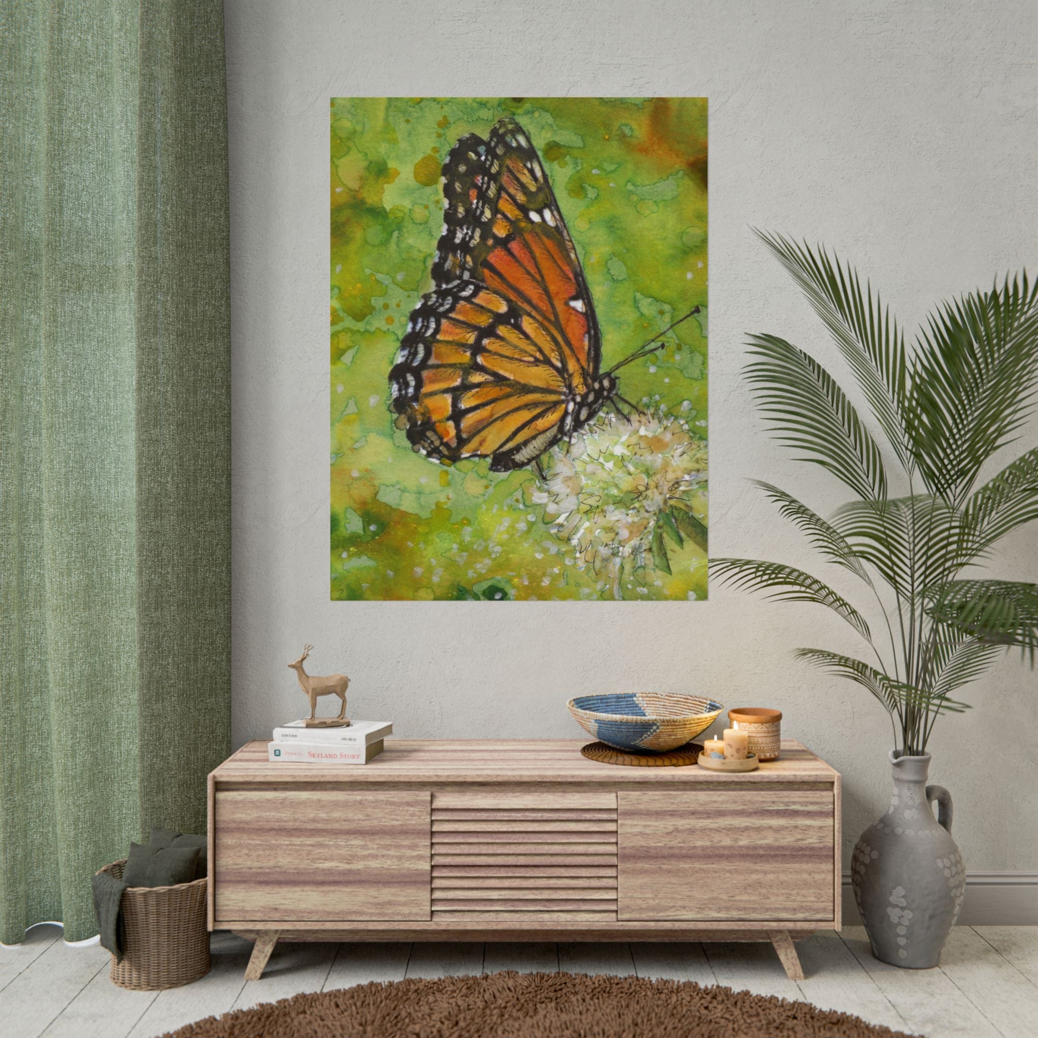 Monarch Butterfly Watercolor Poster, Orange Butterfly Wall Art, Dandelion Flower Print, Botanical Nature Decor, Cottagecore Art