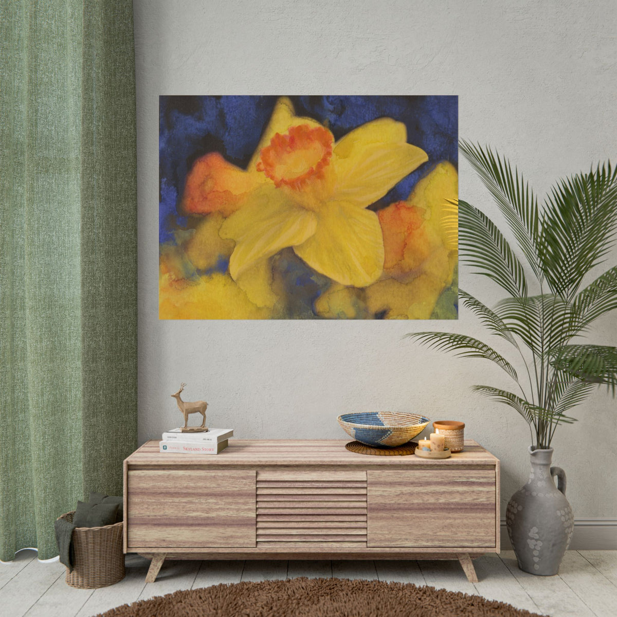 Yellow Daffodil Watercolor Art Print, Blue Floral Wall Art, Abstract Botanical Flower Poster, Cobalt Blue & Yellow Artwork, Fine Art Decor