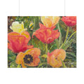 Poppy Field Watercolor Art Print, Red Orange & Yellow Flowers in Snow, Spring Floral Wall Art, Colorful Nature Landscape Poster