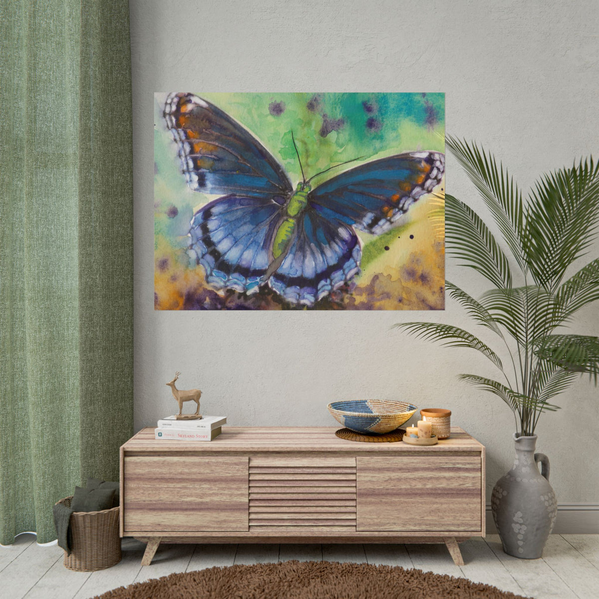 Blue Butterfly Wall Art, Watercolor Butterfly Poster, Blue Butterfly Art Print, Botanical Nature Wall Decor, Colorful Garden Artwork