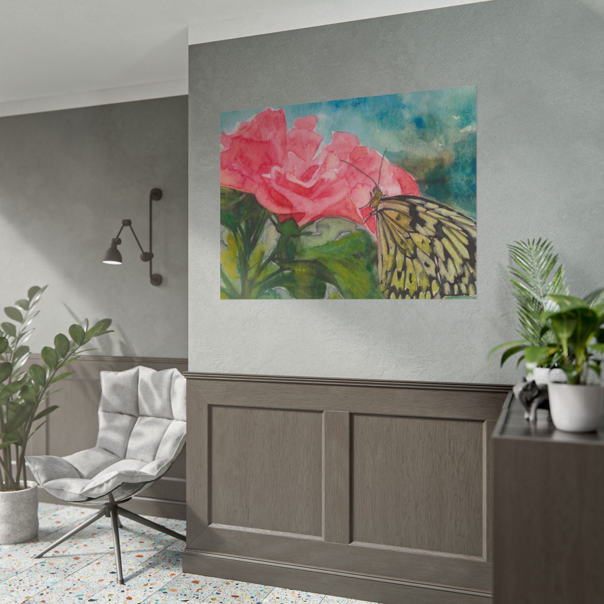 Butterfly on Pink Rose Wall Art, Watercolor Floral Poster, Butterfly Art Print, Pink Rose Garden Decor, Botanical Nature Artwork