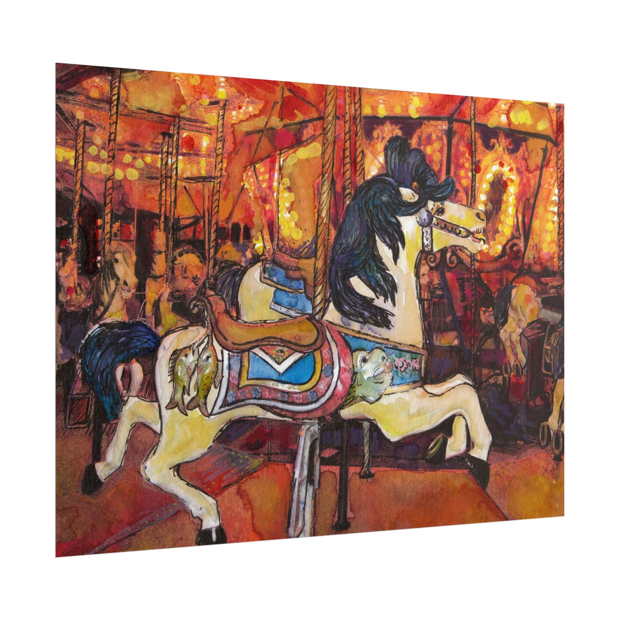 Merry Go Round Watercolor Poster, White Carousel Horse Wall Art, Carnival Ride Print, Colorful Nursery Decor, Kids Room Art