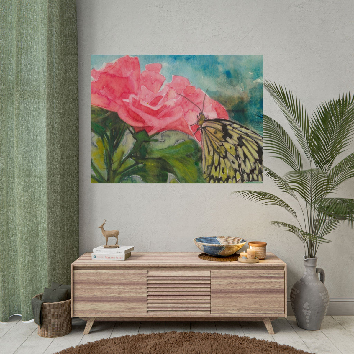 Butterfly on Pink Rose Wall Art, Watercolor Floral Poster, Butterfly Art Print, Pink Rose Garden Decor, Botanical Nature Artwork