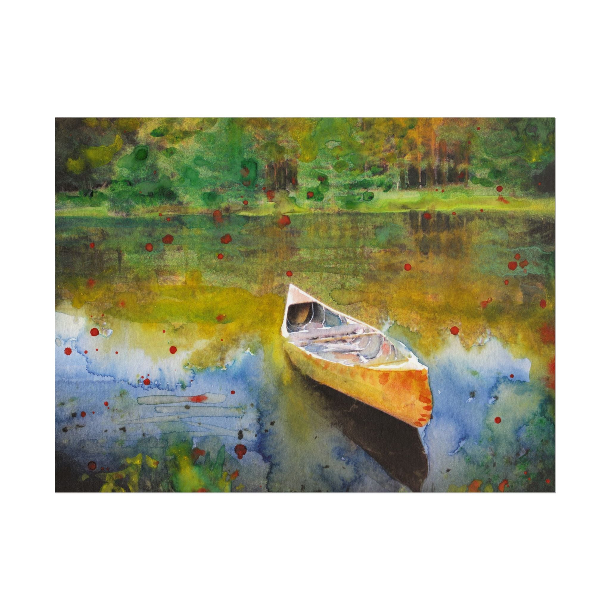 Lake Boat Watercolor Art Print, Peaceful Nature Wall Art, Rustic Cabin Decor, Serene Lake Landscape Poster, Cottagecore Artwork