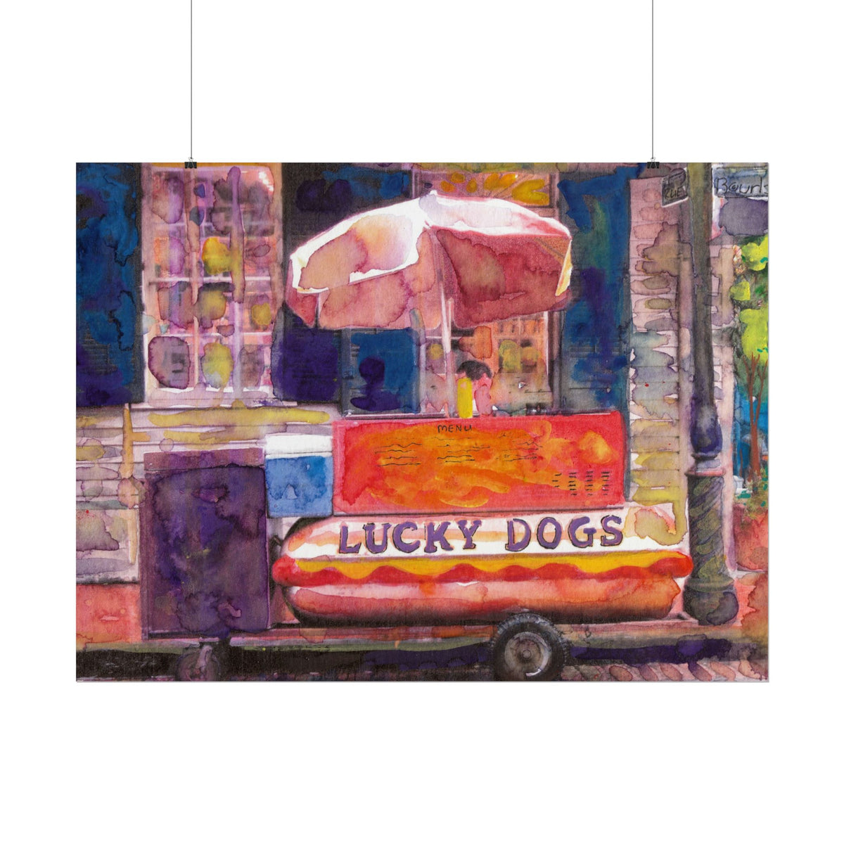 Lucky Dog Hot Dog Stand Watercolor Poster, Urban Street Food Art, City Corner Wall Decor, Food Lover Gift, Kitchen Art Print