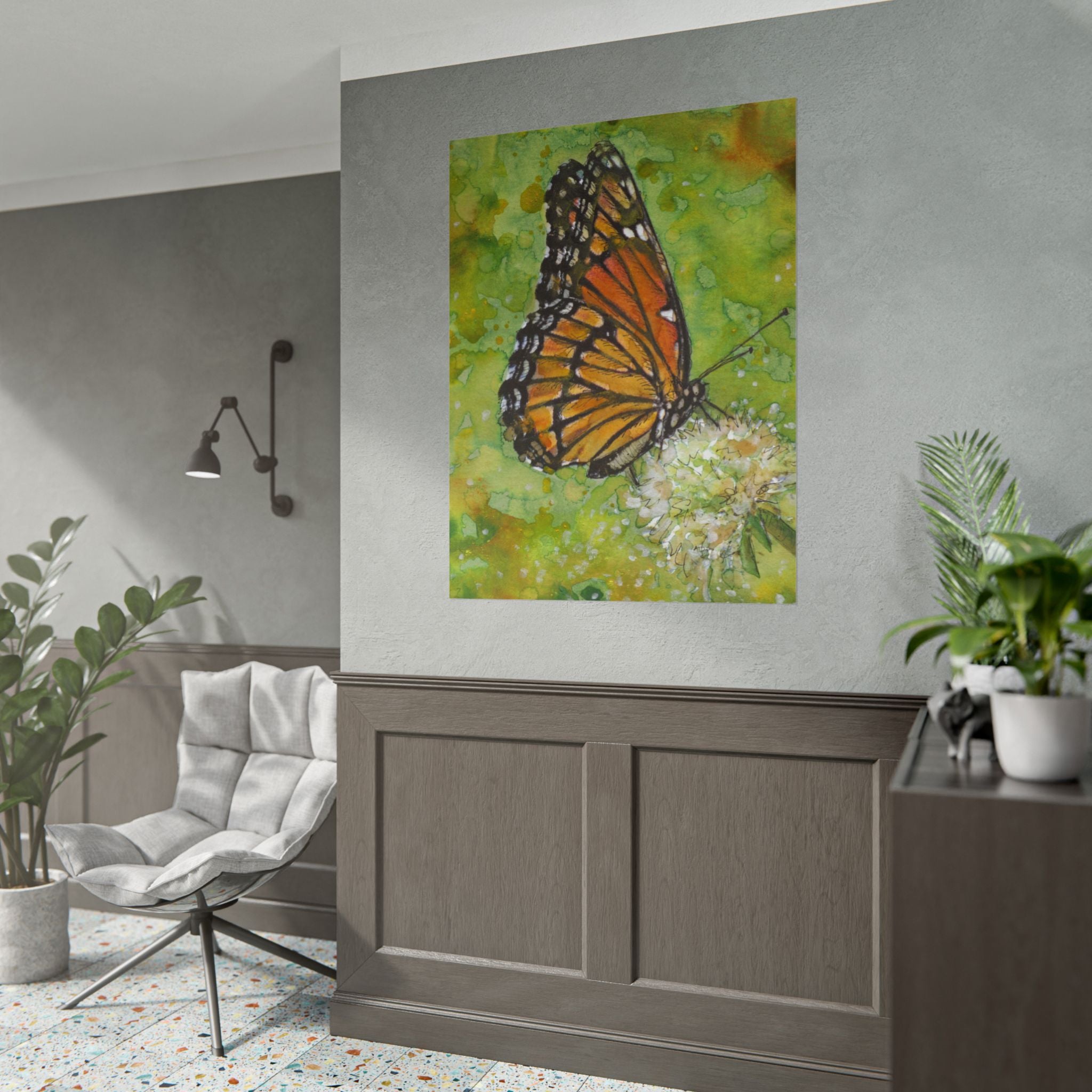Monarch Butterfly Watercolor Poster, Orange Butterfly Wall Art, Dandelion Flower Print, Botanical Nature Decor, Cottagecore Art