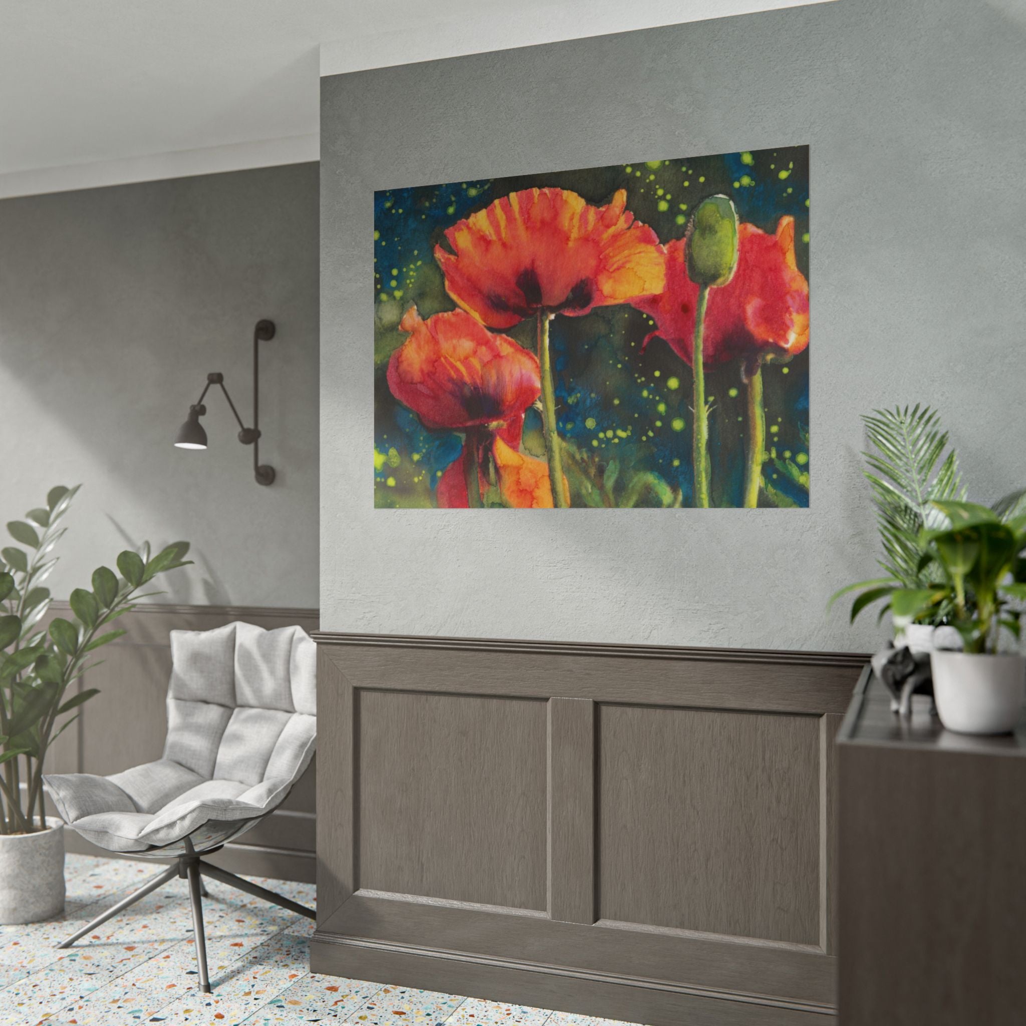 Red Poppies at Night Watercolor Poster, Poppy Flower Wall Art, Moonlit Garden Print, Dramatic Floral Art, Botanical Nature Decor