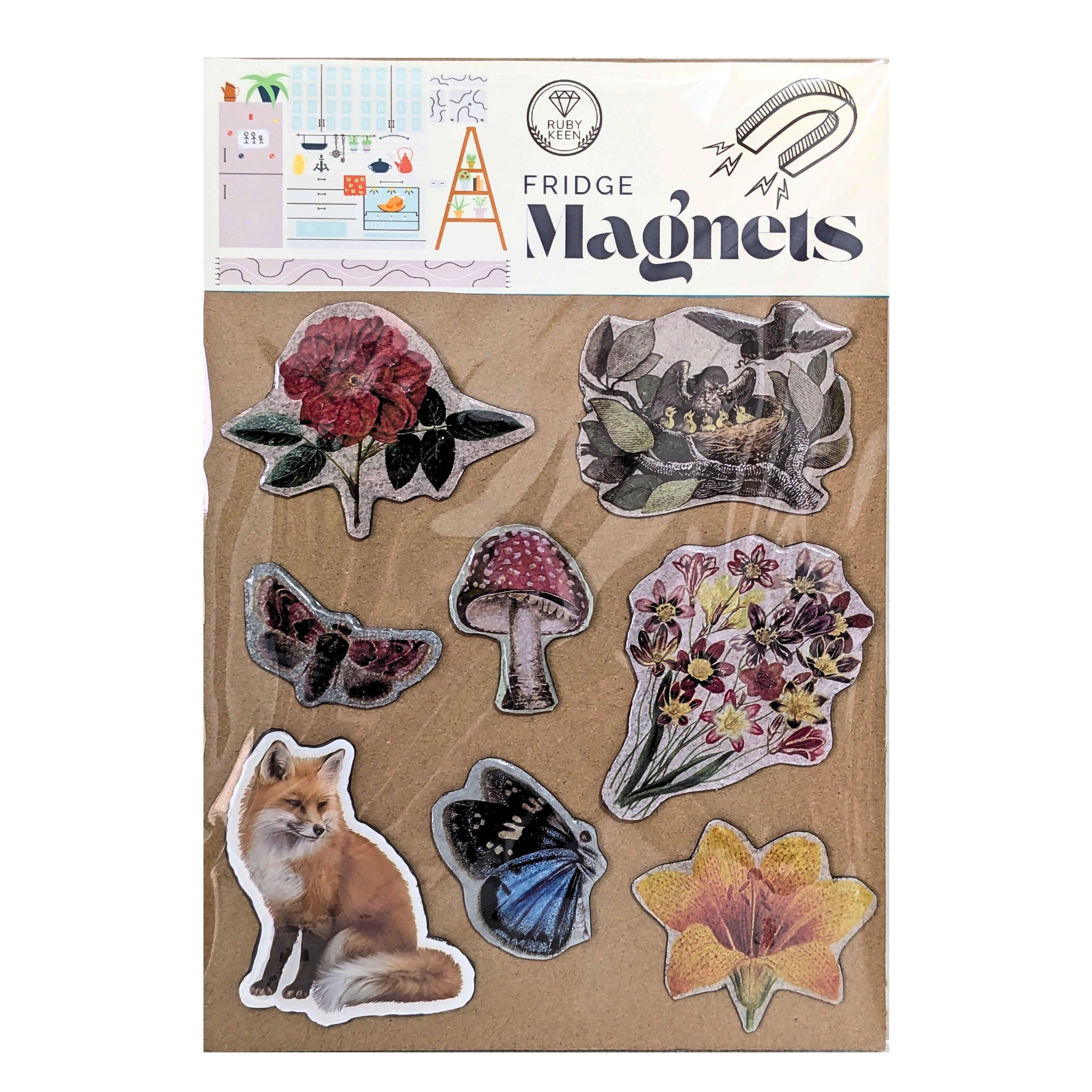 Handmade Nature Fridge Magnets, Flowers, fox, Butterflies, Woodland Cottagecore image 0