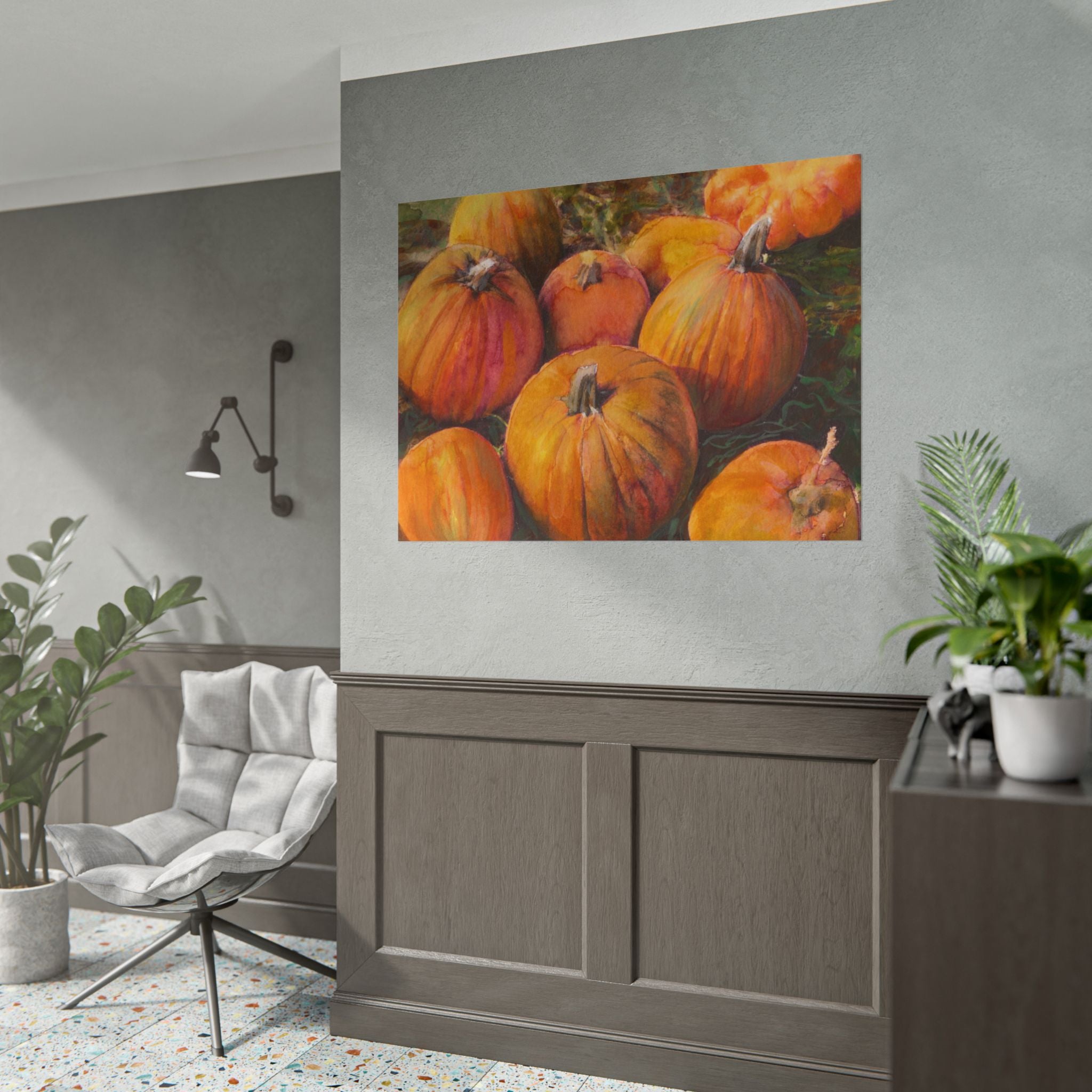 Pumpkin Patch Watercolor Poster, Autumn Pumpkin Wall Art, Fall Harvest Print, Orange Pumpkin Farmhouse Decor, Thanksgiving Wall Art