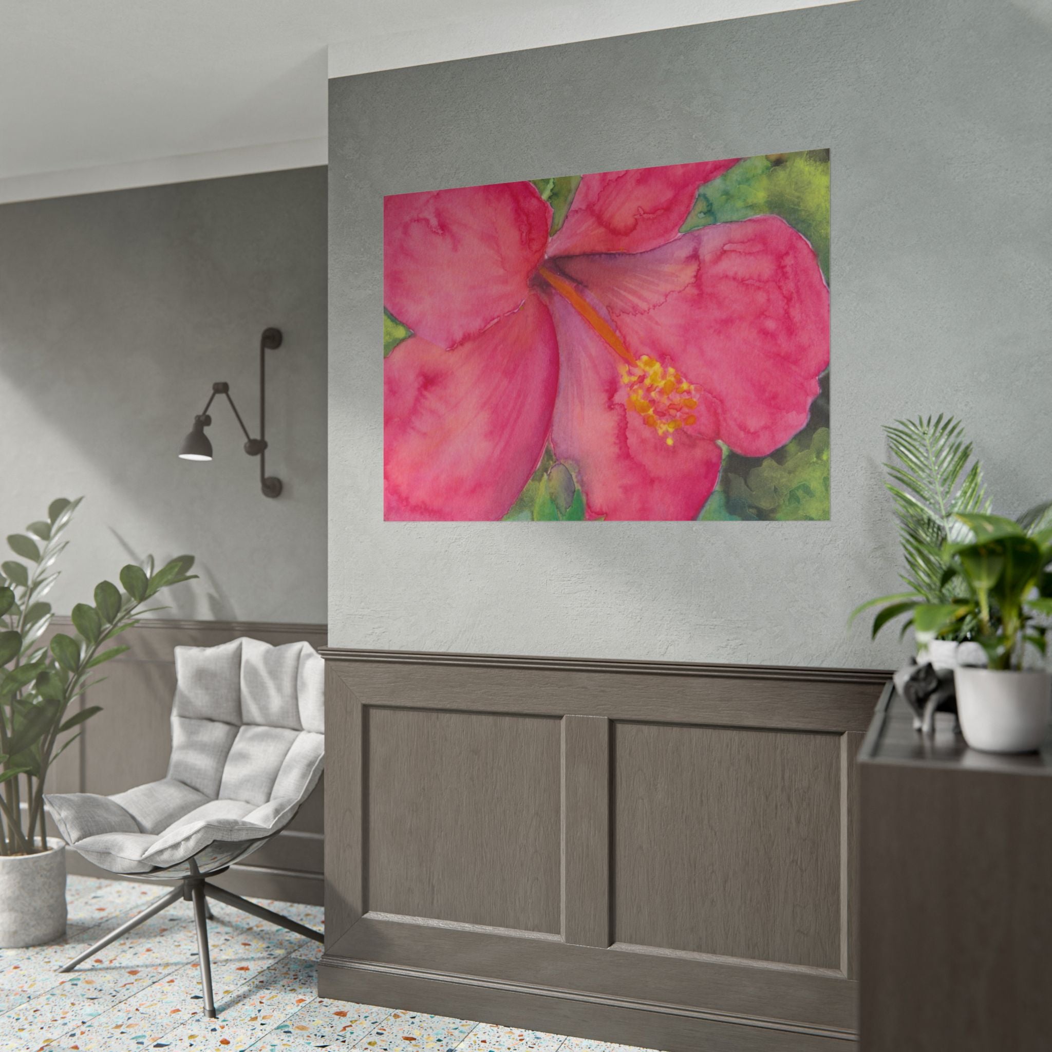 Pink Hibiscus Watercolor Art Print, Tropical Flower Wall Art, Pink Floral Botanical Poster, Vibrant Nature Artwork, Fine Art Decor