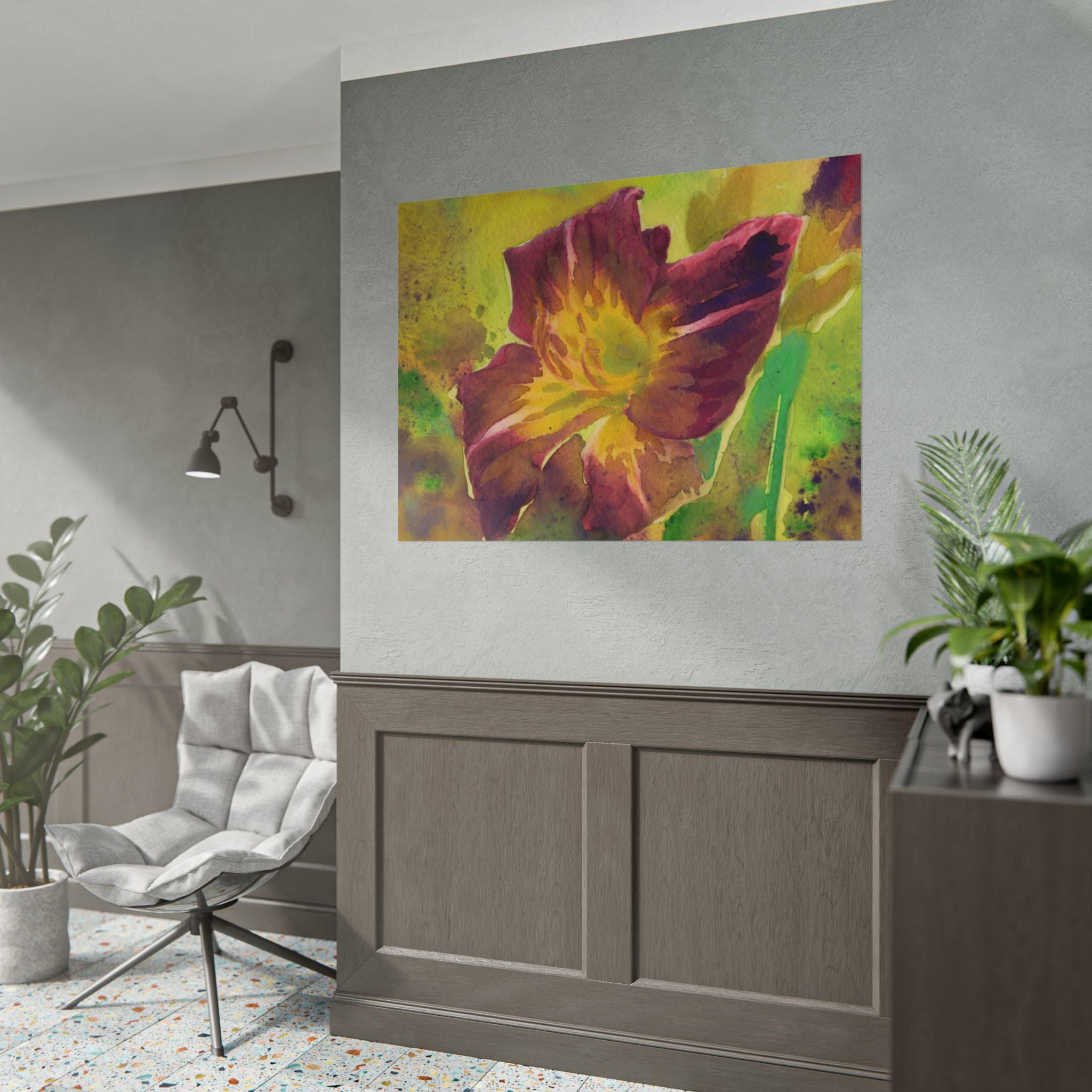 Purple Yellow Abstract Flower Watercolor Poster, Colorful Floral Wall Art, Modern Botanical Print, Abstract Flower Decor, Fine Art