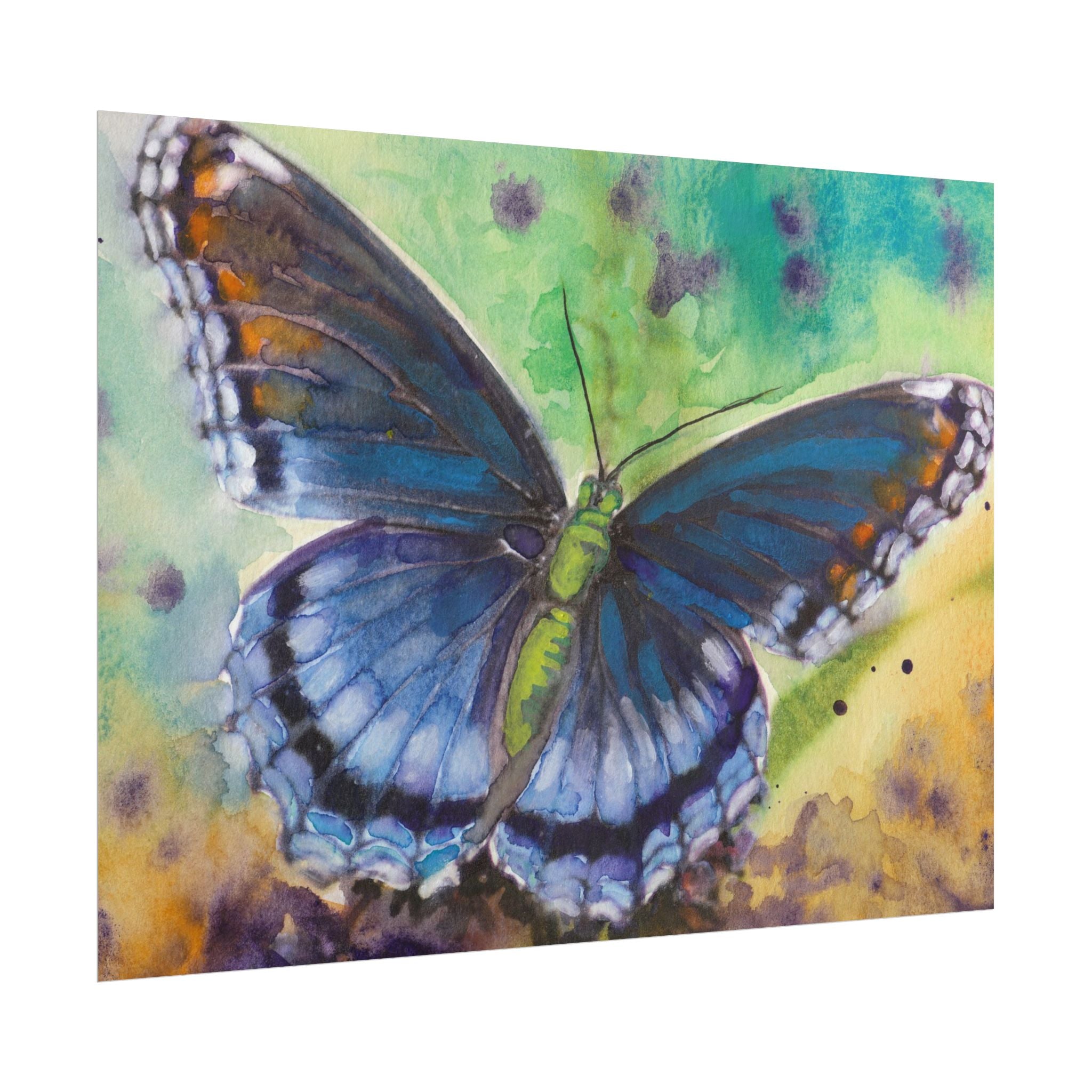 Blue Butterfly Wall Art, Watercolor Butterfly Poster, Blue Butterfly Art Print, Botanical Nature Wall Decor, Colorful Garden Artwork