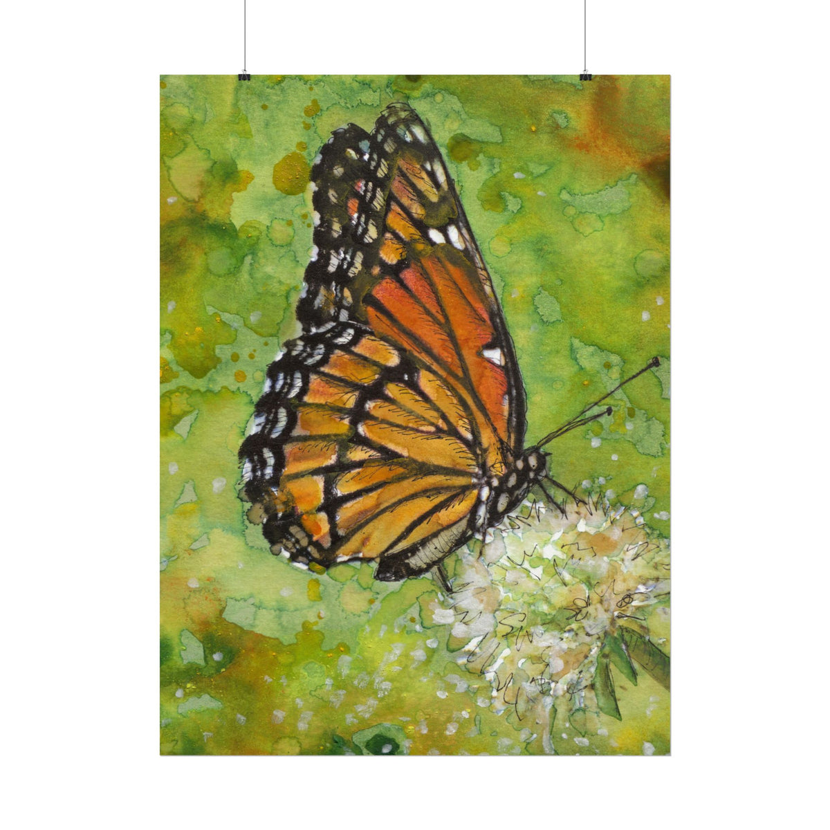 Monarch Butterfly Watercolor Poster, Orange Butterfly Wall Art, Dandelion Flower Print, Botanical Nature Decor, Cottagecore Art