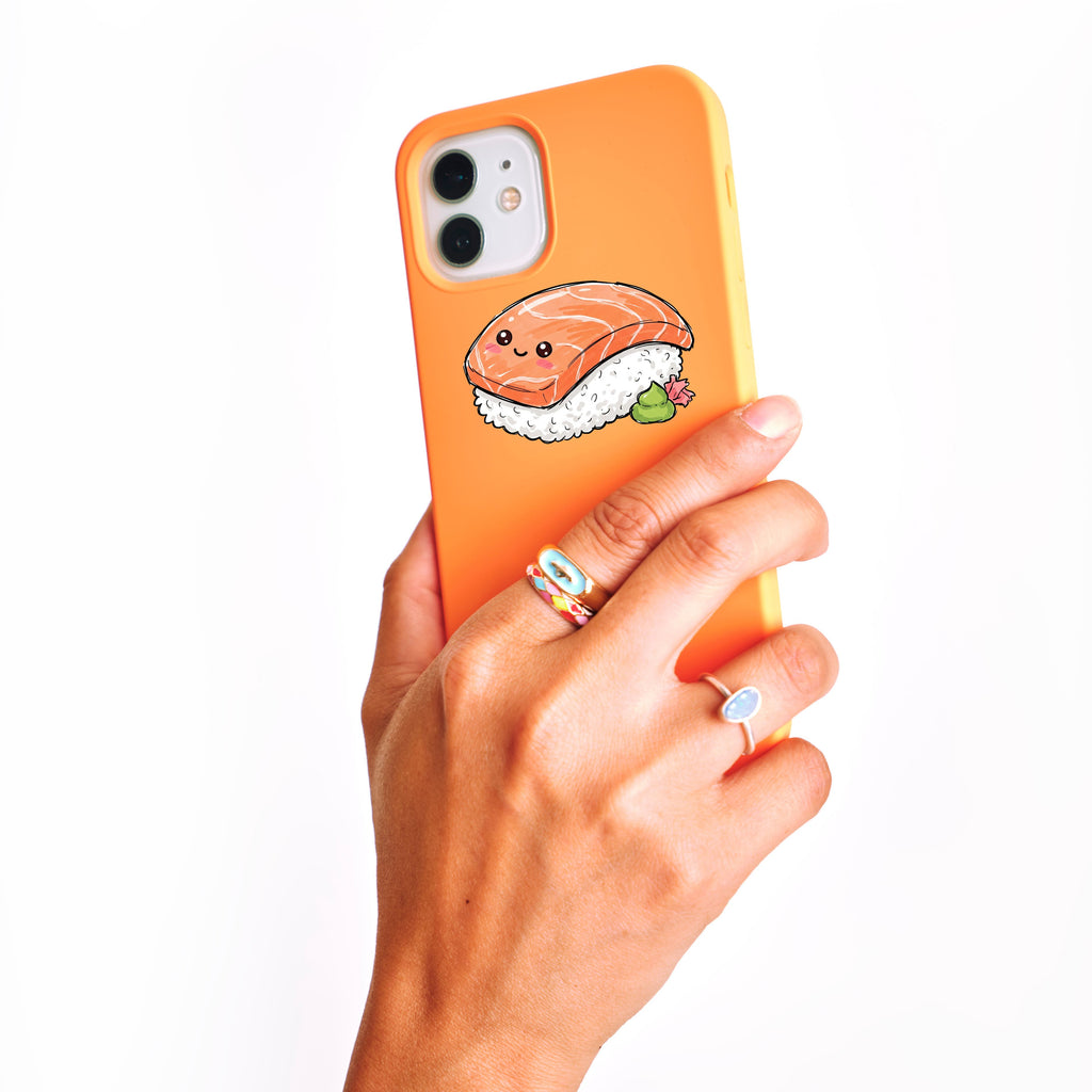 Kawaii Salmon Nigiri Sticker — Cute Sushi Waterproof Die-Cut Sticker for Laptops & Water Bottles