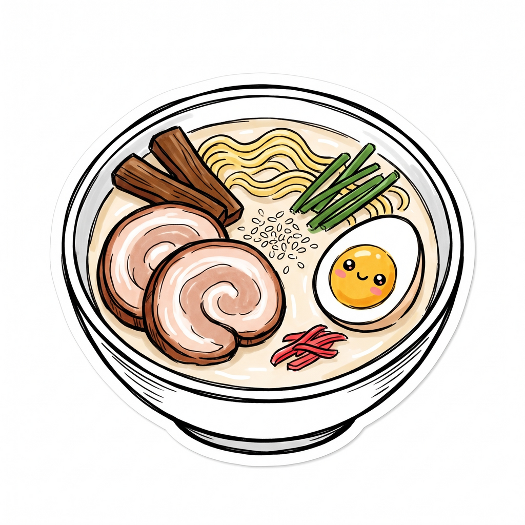 Pork Belly Ramen Sticker, Japanese Ramen Bowl Waterproof Decal, Noodle Food Sticker, Japanese Food Lover Gift, Cute Foodie Sticker