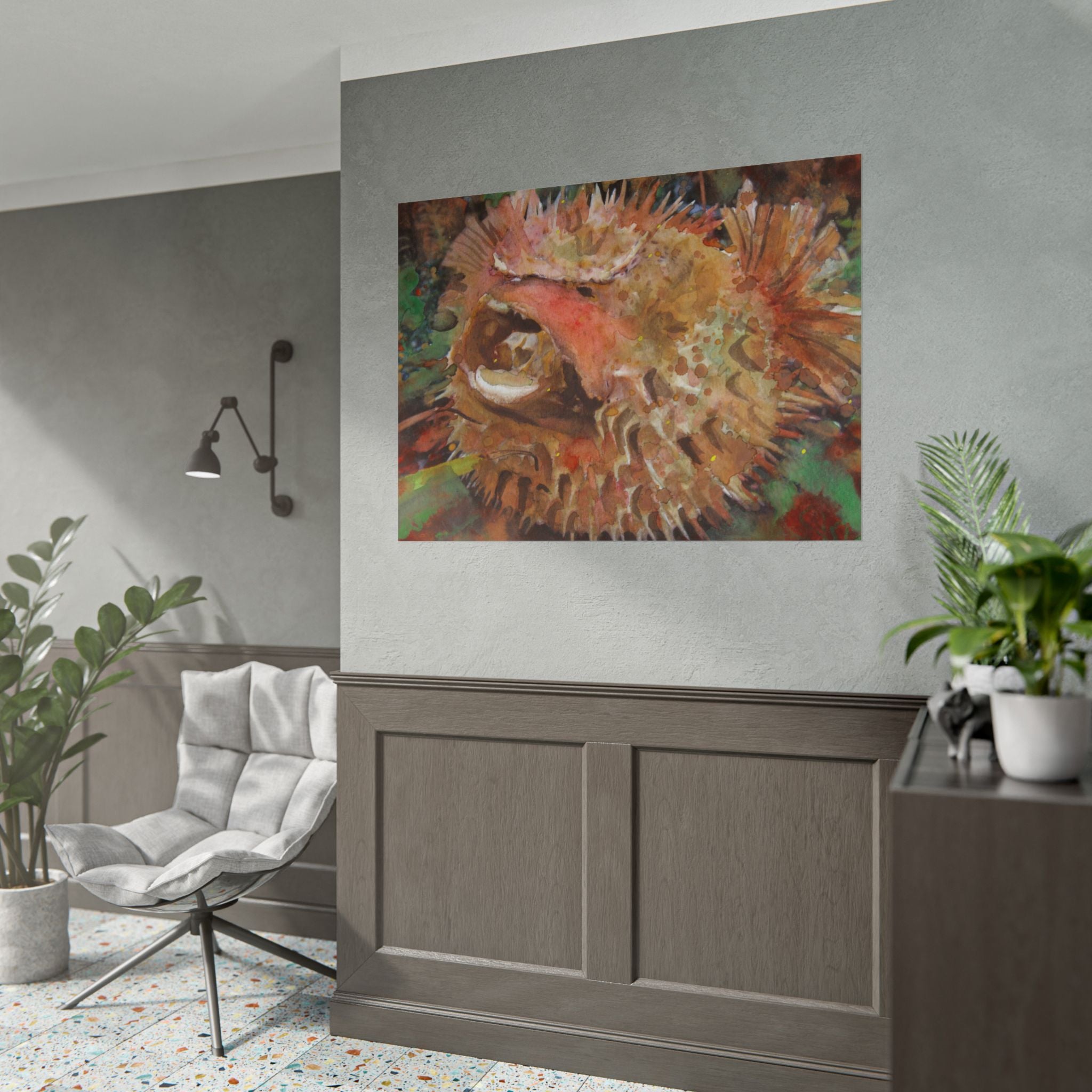 Abstract Puffer Fish Wall Art, Watercolor Pufferfish Poster, Colorful Ocean Art Print, Contemporary Fish Wall Decor, Coastal Artwork