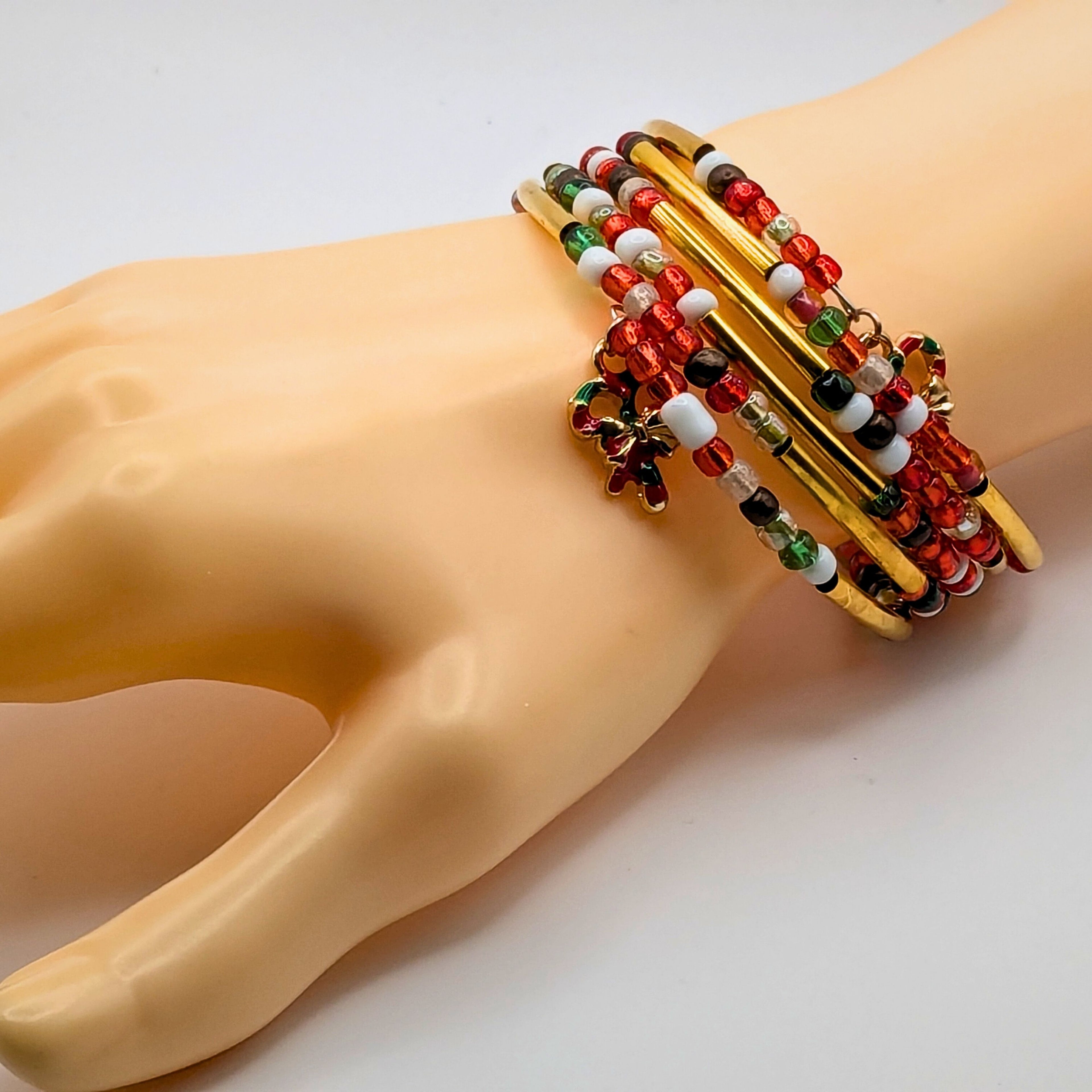 Golden Christmas Beaded Wrap Cuff Bracelet image 1