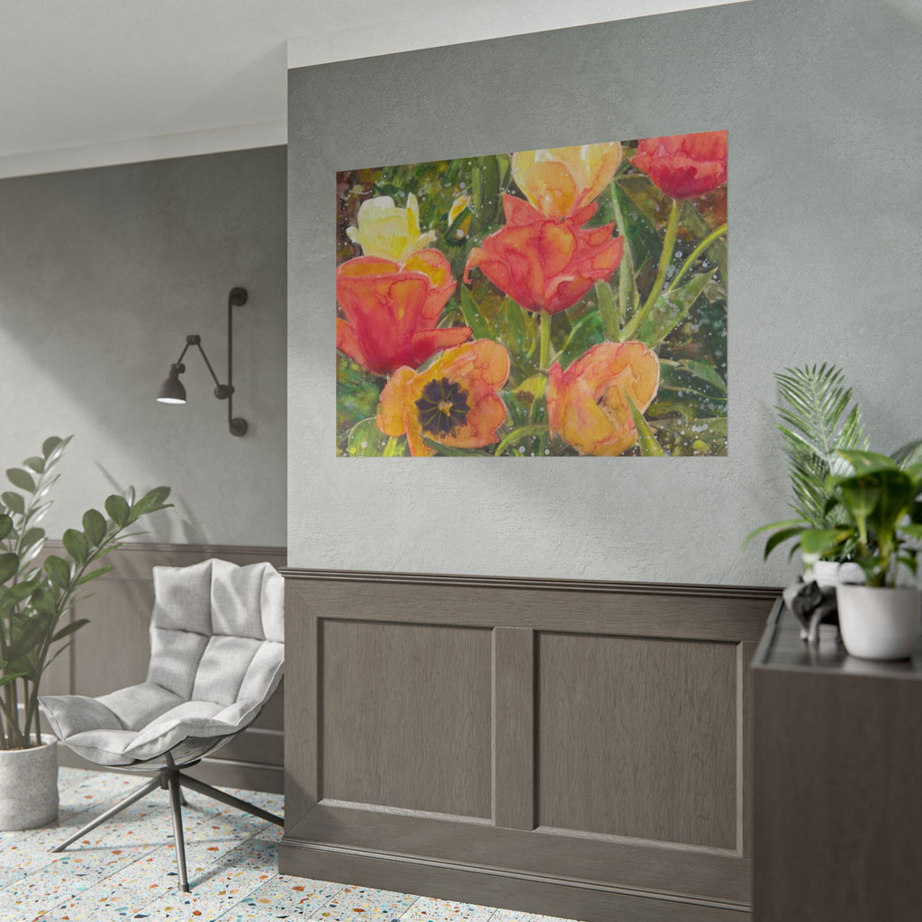 Poppy Field Watercolor Art Print, Red Orange & Yellow Flowers in Snow, Spring Floral Wall Art, Colorful Nature Landscape Poster