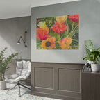 Poppy Field Watercolor Art Print, Red Orange & Yellow Flowers in Snow, Spring Floral Wall Art, Colorful Nature Landscape Poster