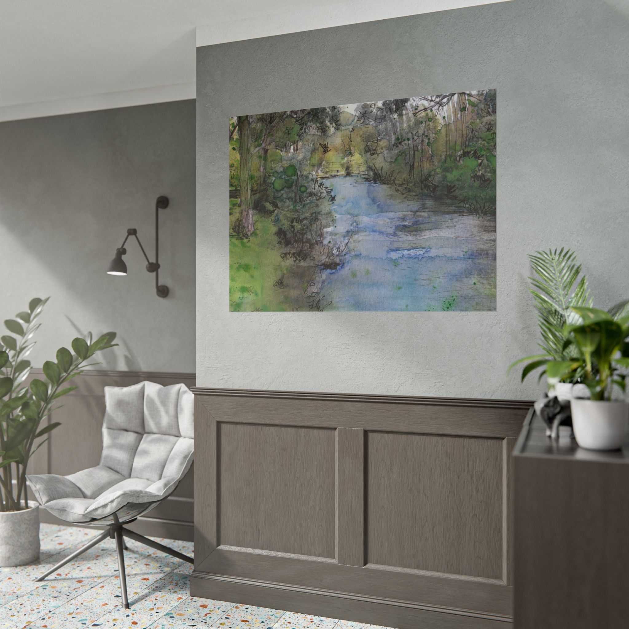 Abstract River Landscape Wall Art, Watercolor Forest River Poster, Contemporary Nature Art Print, Woodland Landscape Wall Decor