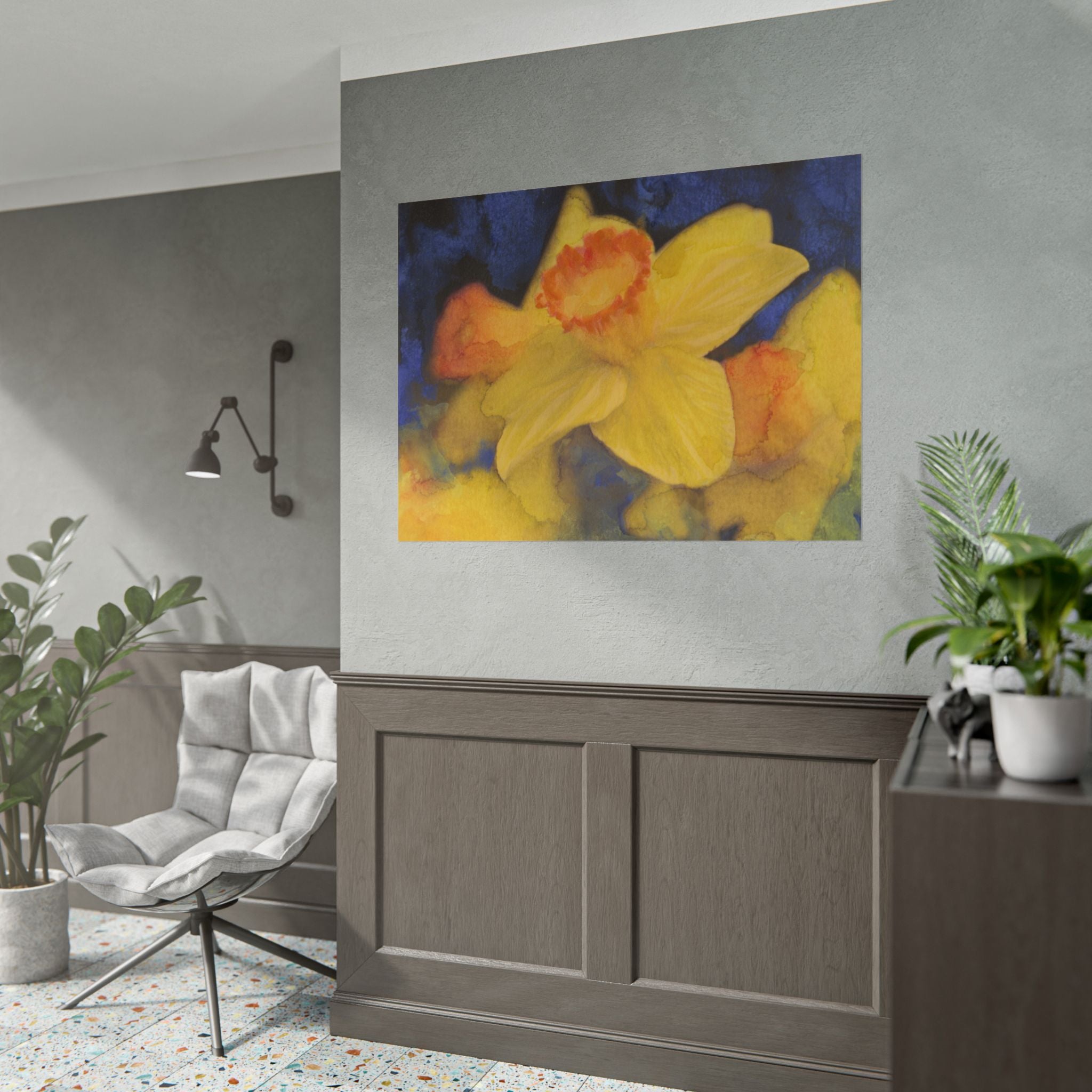 Yellow Daffodil Watercolor Art Print, Blue Floral Wall Art, Abstract Botanical Flower Poster, Cobalt Blue & Yellow Artwork, Fine Art Decor