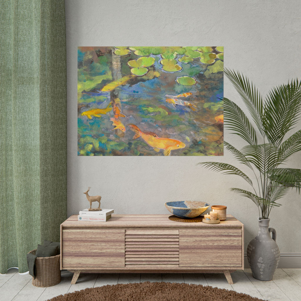 Koi Fish Pond Watercolor Art Print, Orange Koi & Lily Pad Wall Art, Japanese Inspired Fish Poster, Blue Green Nature Artwork
