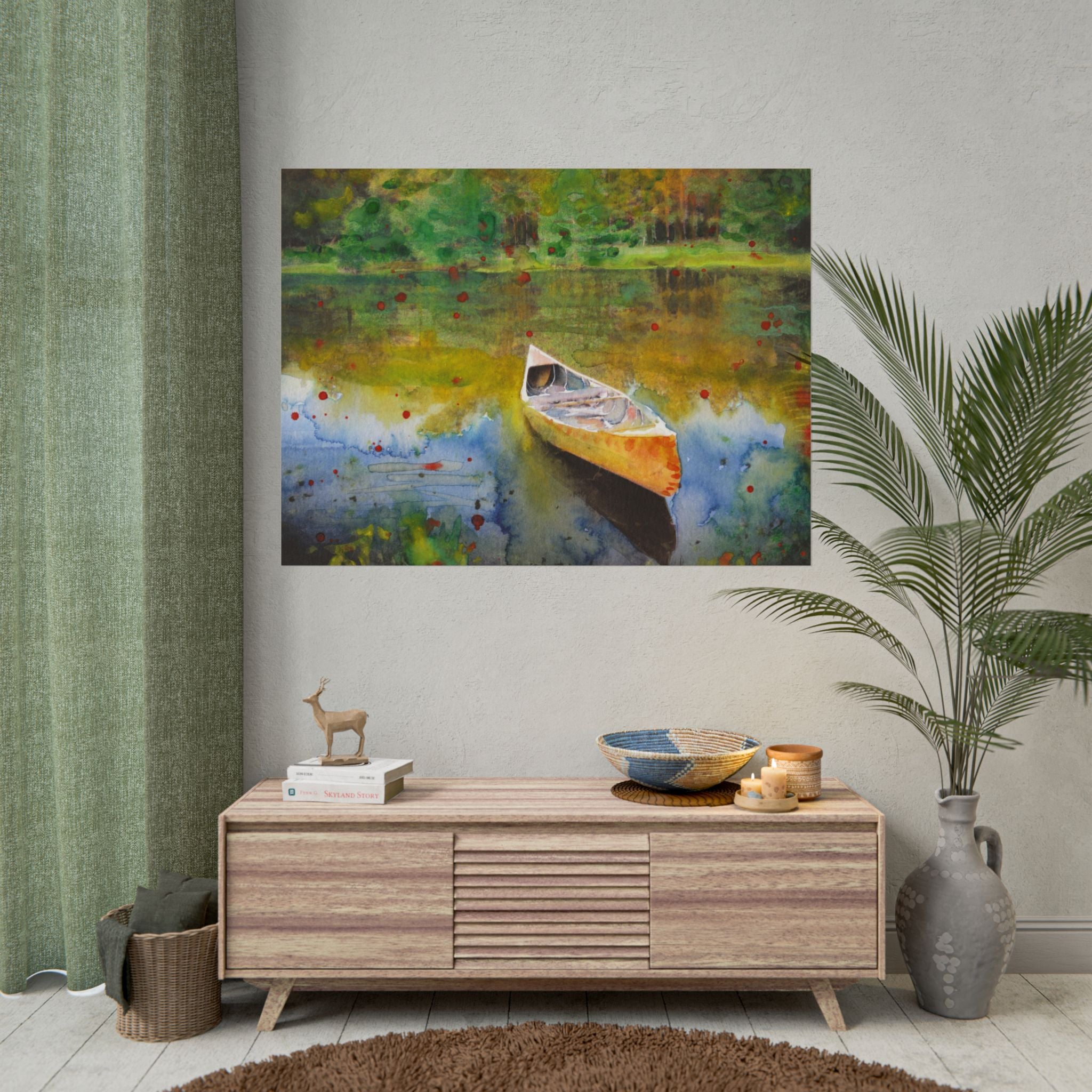 Lake Boat Watercolor Art Print, Peaceful Nature Wall Art, Rustic Cabin Decor, Serene Lake Landscape Poster, Cottagecore Artwork