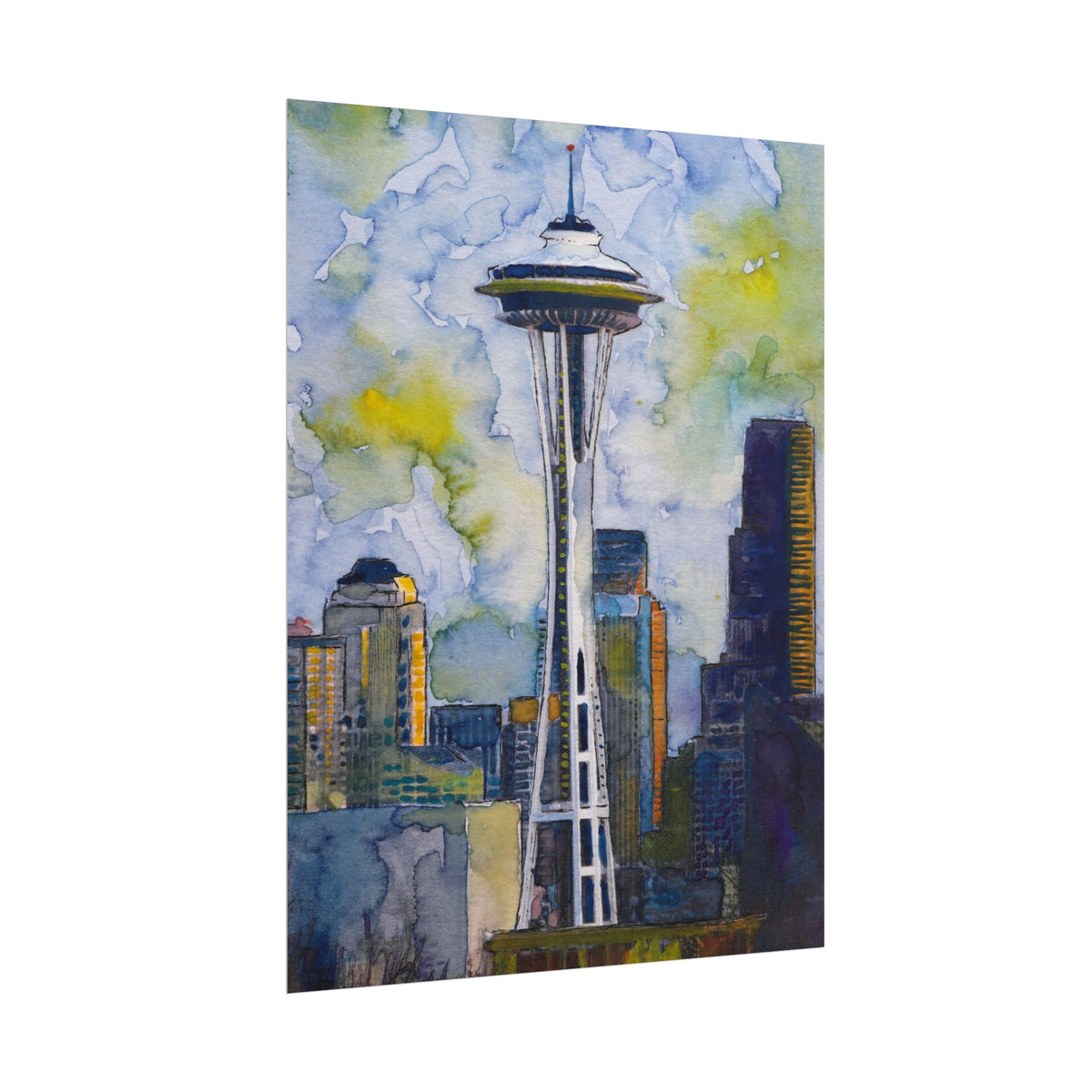 Seattle Space Needle Watercolor Poster, Seattle Wall Art, Pacific Northwest Cityscape Print, Stormy Seattle Skyline Art, Travel Gift