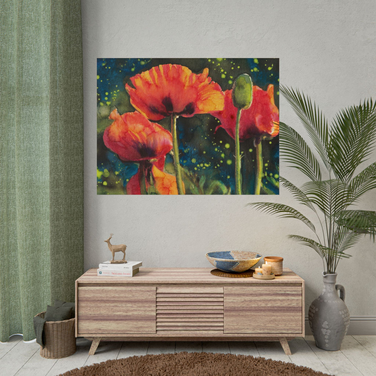 Red Poppies at Night Watercolor Poster, Poppy Flower Wall Art, Moonlit Garden Print, Dramatic Floral Art, Botanical Nature Decor