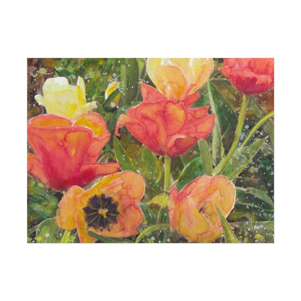 Poppy Field Watercolor Art Print, Red Orange & Yellow Flowers in Snow, Spring Floral Wall Art, Colorful Nature Landscape Poster