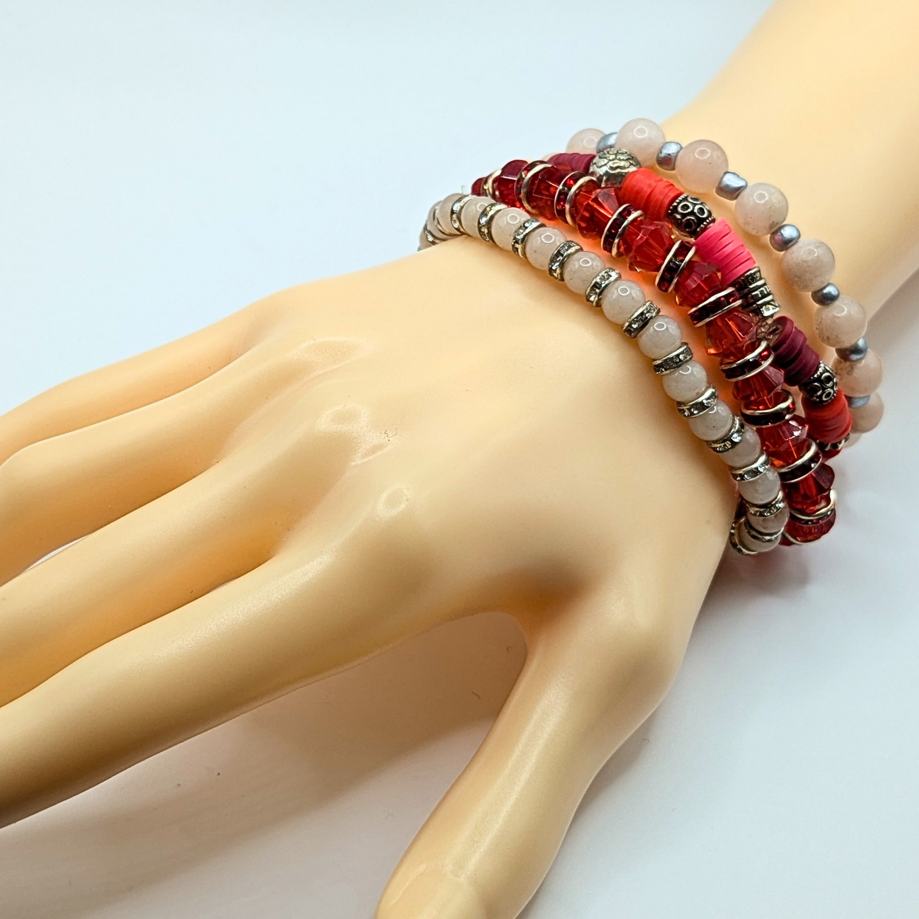 Red And Cream Beaded Bracelets for Women Jewelry Boho Beaded 4 Stacked Set image 1