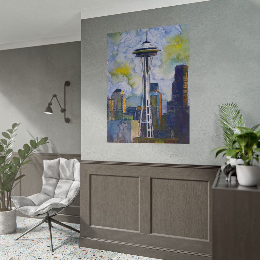 Seattle Space Needle Watercolor Poster, Seattle Wall Art, Pacific Northwest Cityscape Print, Stormy Seattle Skyline Art, Travel Gift