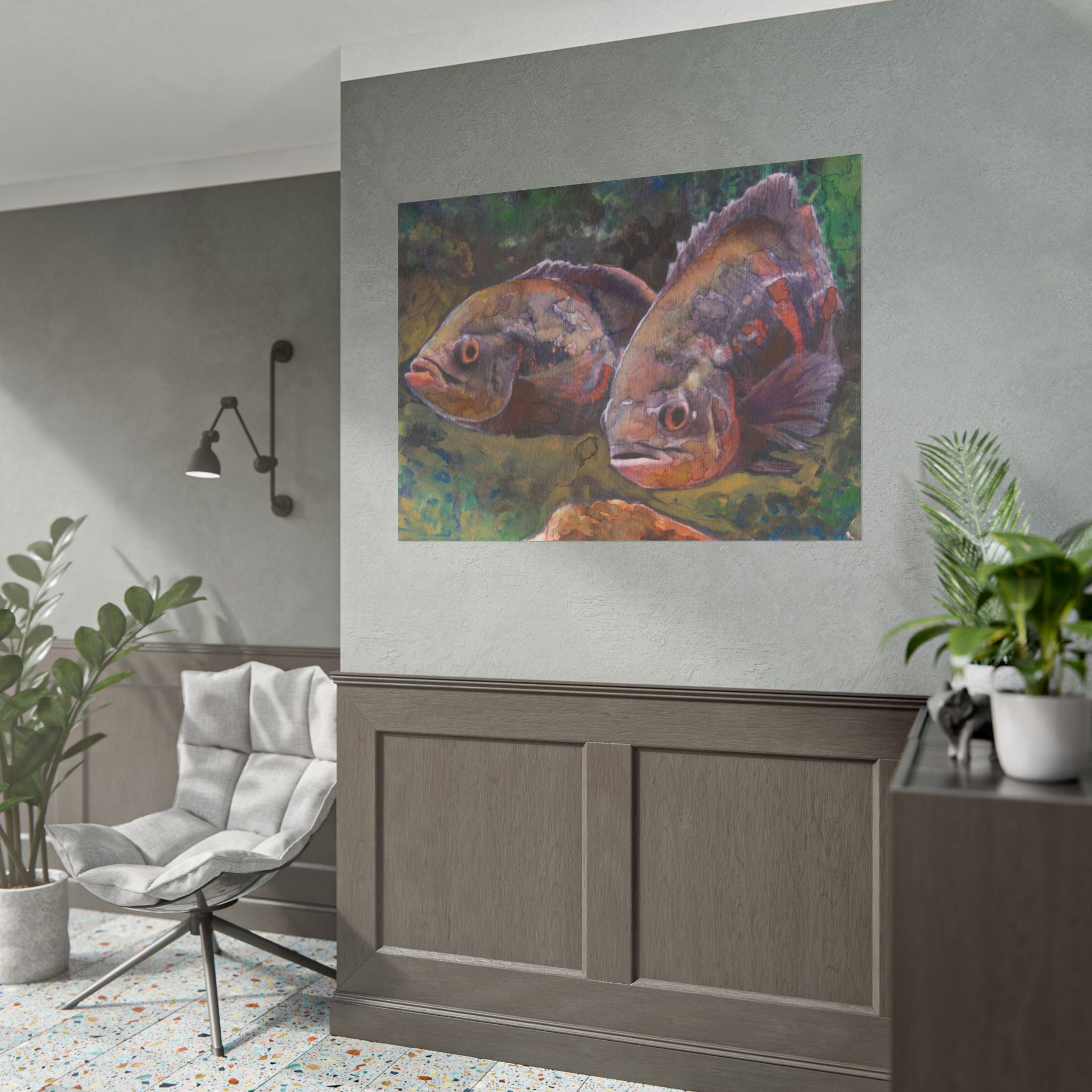 Oscar Fish Wall Art, Purple Oscar Fish Watercolor Poster, Two Fish Art Print, Aquarium Wall Decor, Tropical Fish Artwork