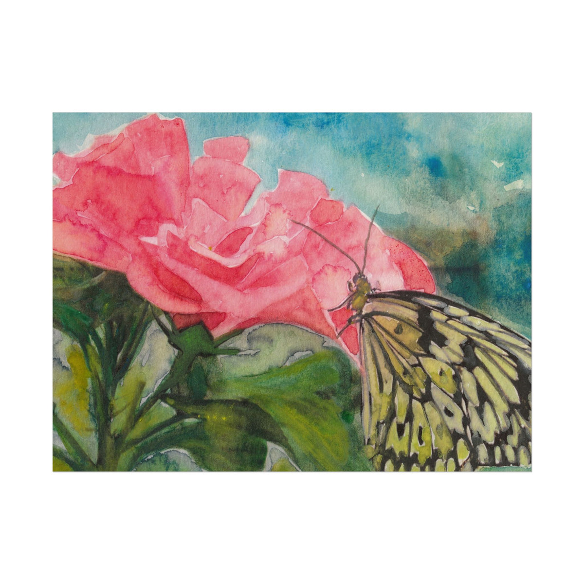 Butterfly on Pink Rose Wall Art, Watercolor Floral Poster, Butterfly Art Print, Pink Rose Garden Decor, Botanical Nature Artwork
