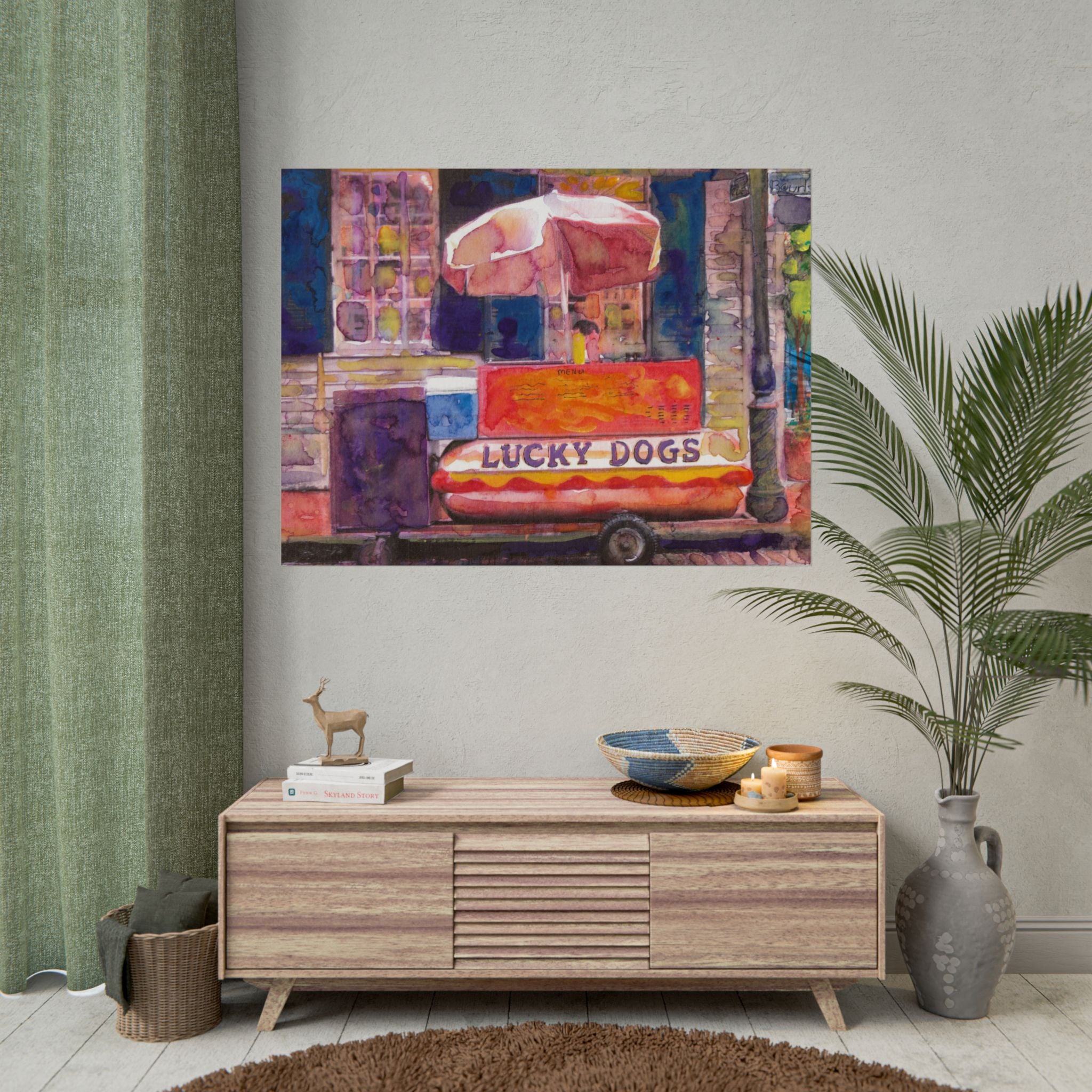 Lucky Dog Hot Dog Stand Watercolor Poster, Urban Street Food Art, City Corner Wall Decor, Food Lover Gift, Kitchen Art Print