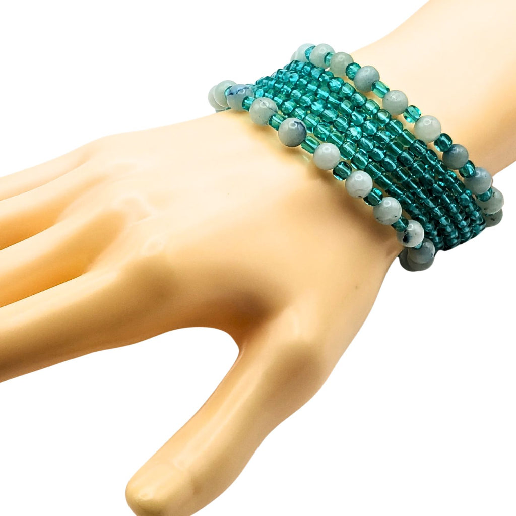 6 Layer Teal Beaded Cuff Bracelet image 1