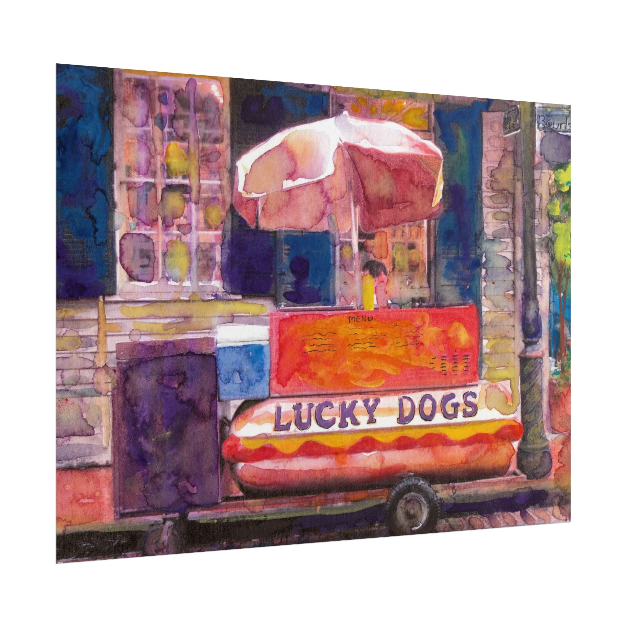 Lucky Dog Hot Dog Stand Watercolor Poster, Urban Street Food Art, City Corner Wall Decor, Food Lover Gift, Kitchen Art Print