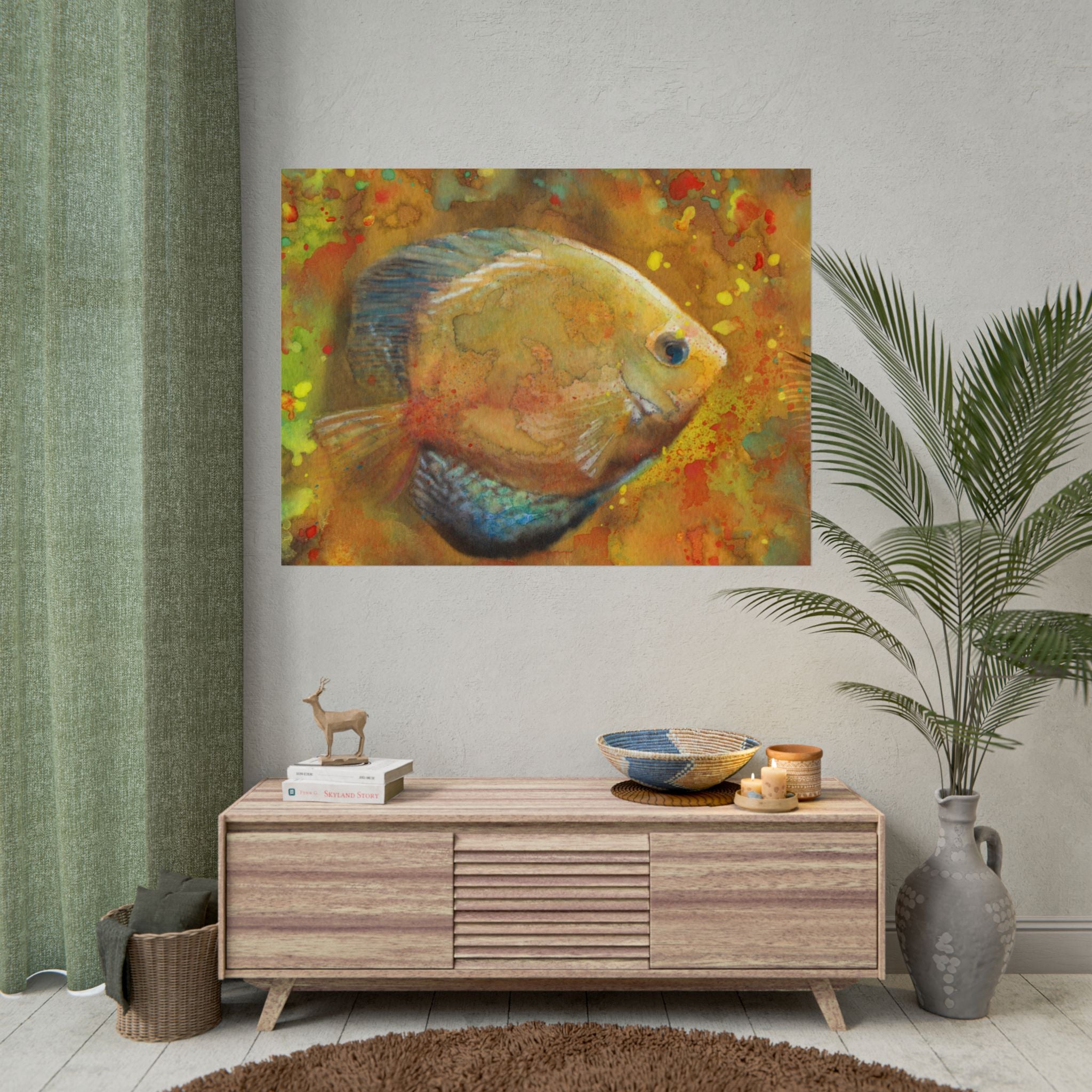 Abstract Yellow Fish Wall Art, Colorful Watercolor Fish Poster, Tropical Fish Art Print, Vibrant Ocean Wall Decor, Contemporary Artwork