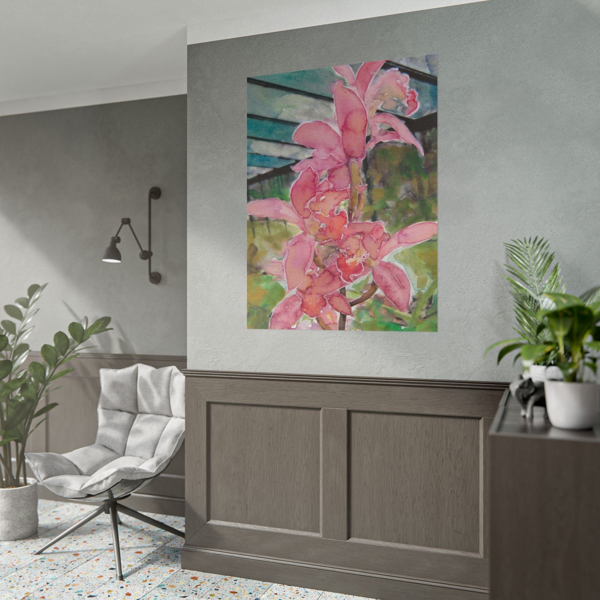 Pink Orchids Watercolor Poster, Orchid Flower Wall Art, Greenhouse Botanical Print, Pink Floral Art, Elegant Nature Home Decor