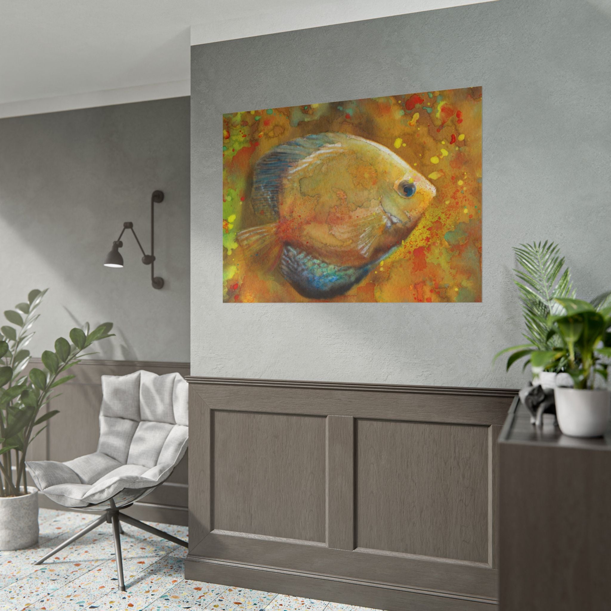 Abstract Yellow Fish Wall Art, Colorful Watercolor Fish Poster, Tropical Fish Art Print, Vibrant Ocean Wall Decor, Contemporary Artwork