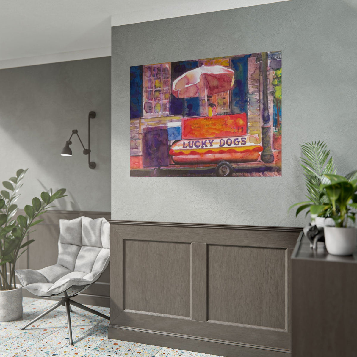Lucky Dog Hot Dog Stand Watercolor Poster, Urban Street Food Art, City Corner Wall Decor, Food Lover Gift, Kitchen Art Print